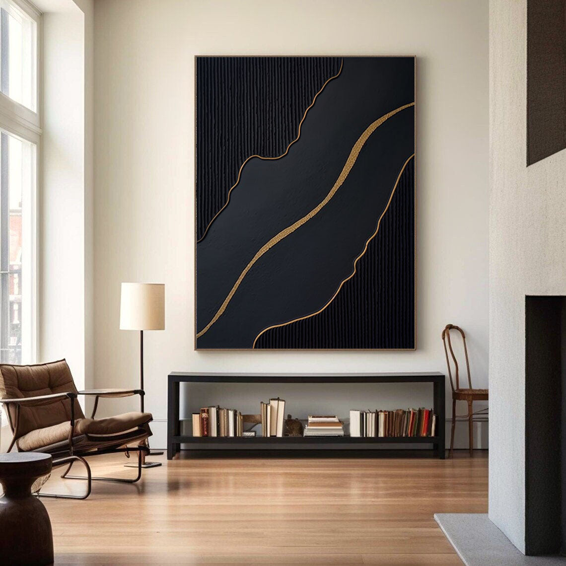 Large Black and Gold Abstract Canvas Art for Home Decor #BM 085
