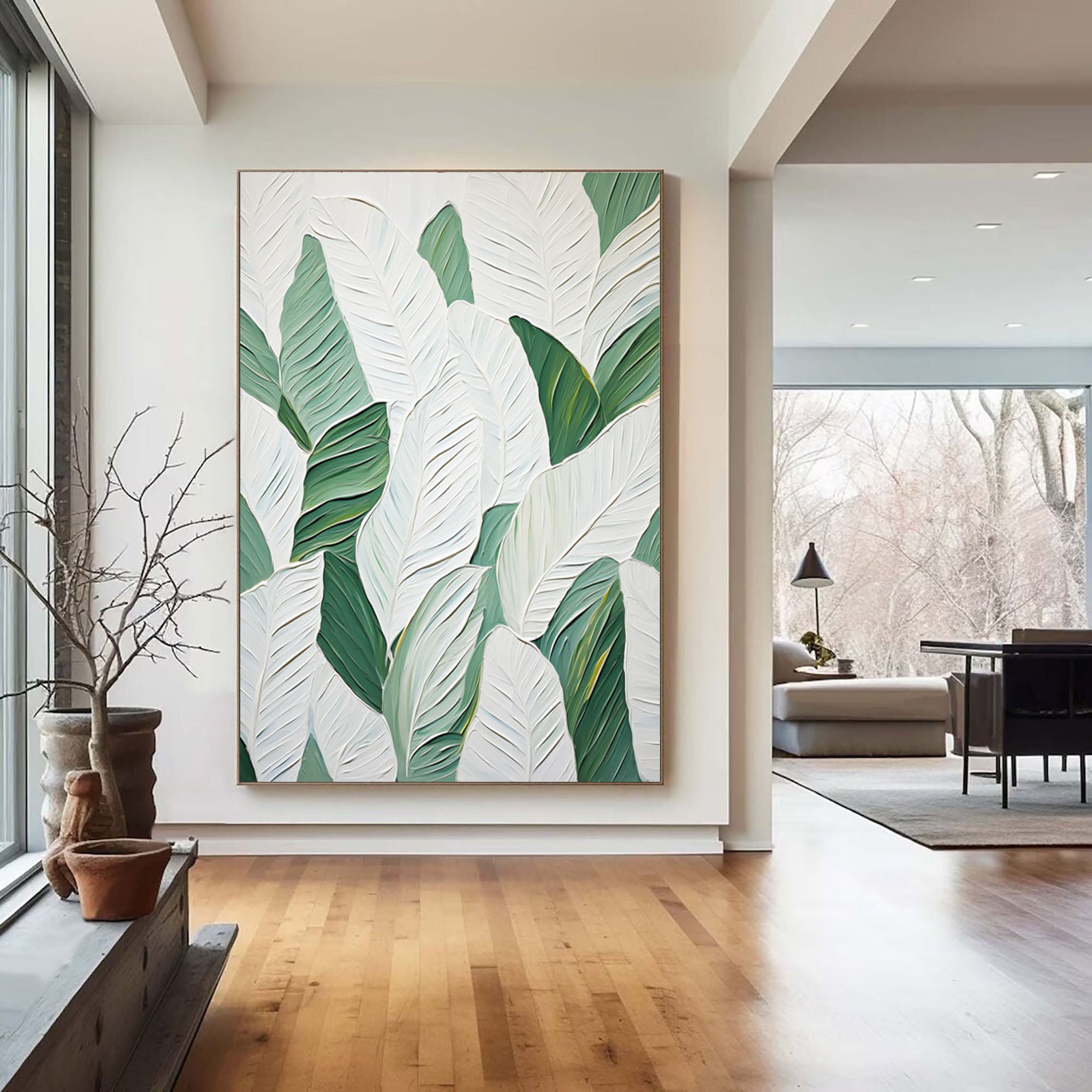 Leaf Symphony: Green and White Botanical Wall Art #BGM 050