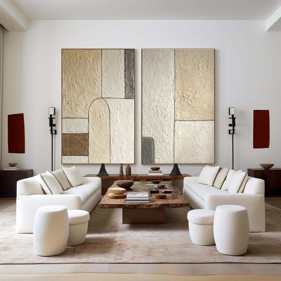 Textured Geometric Paintings Duo Contemporary Beige #WG 047