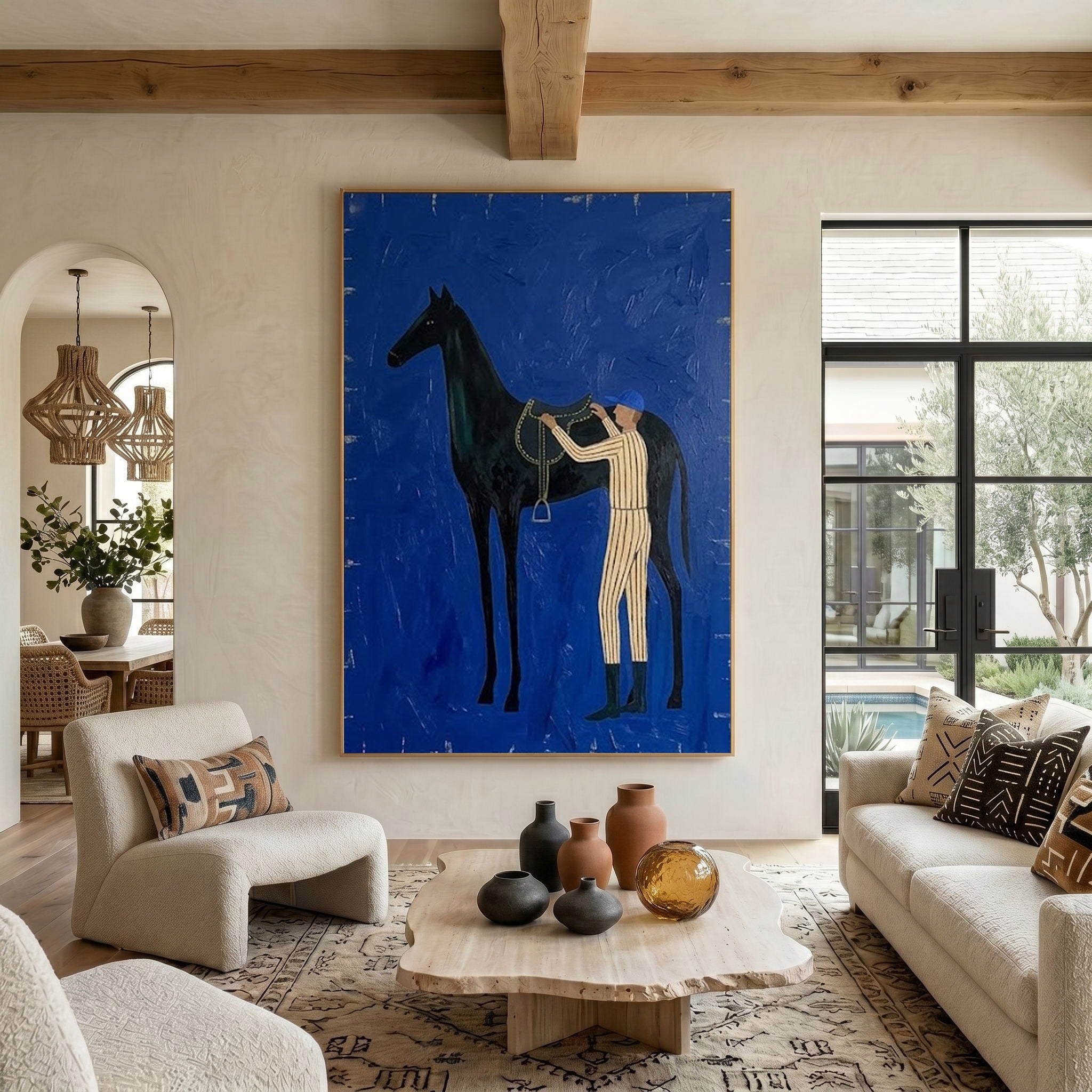 Large Abstract Cowboy Equestrian Oil Painting Blue Wall Art