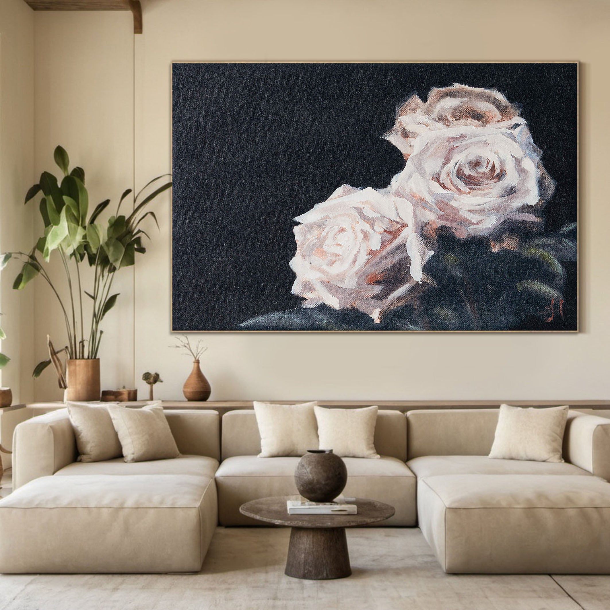 Delicate Rose Blooms In Dark, Contemporary Wall Art #BGA 120