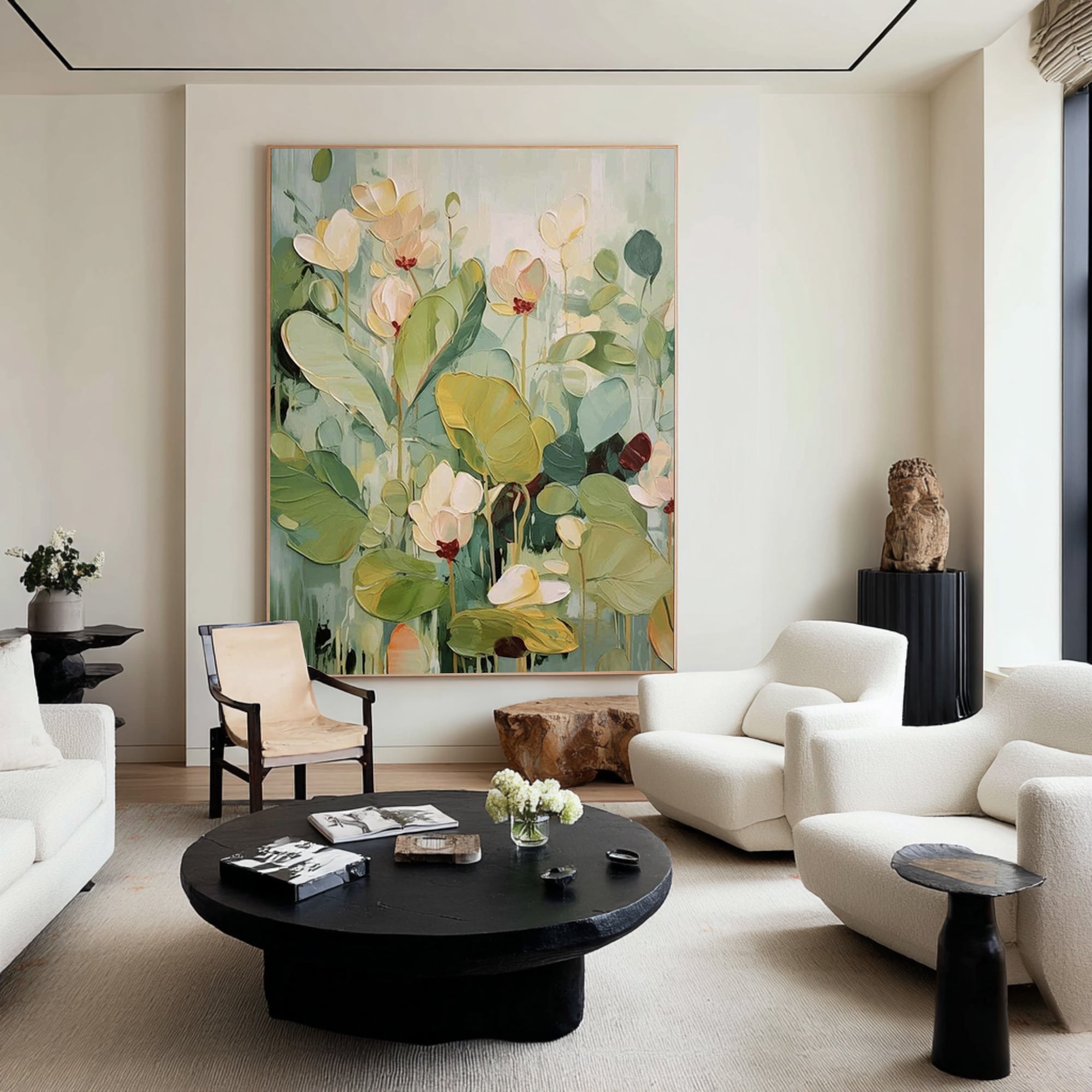 Large Botanical Floral Painting Green Neutral Wall Art