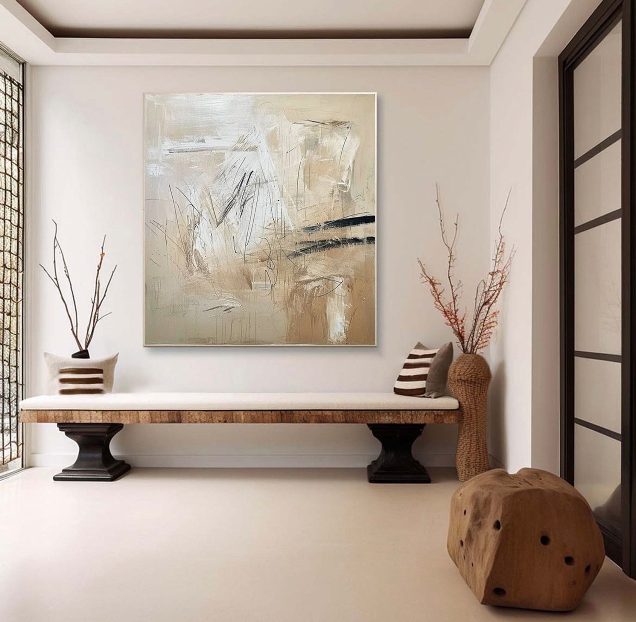 Neutral Gestures: Beige Abstract, Expressive Mark Making Art #BGA 216