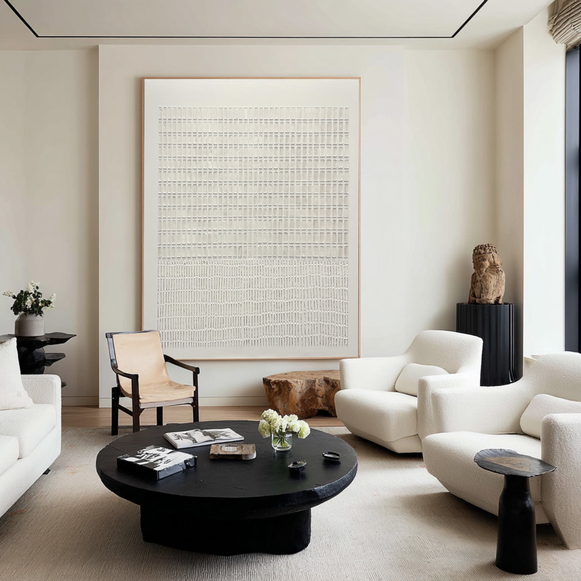 Large Modern Abstract Oil Painting, Beige Textured Grid Luxury Wall Art for Living Room #WAC 024