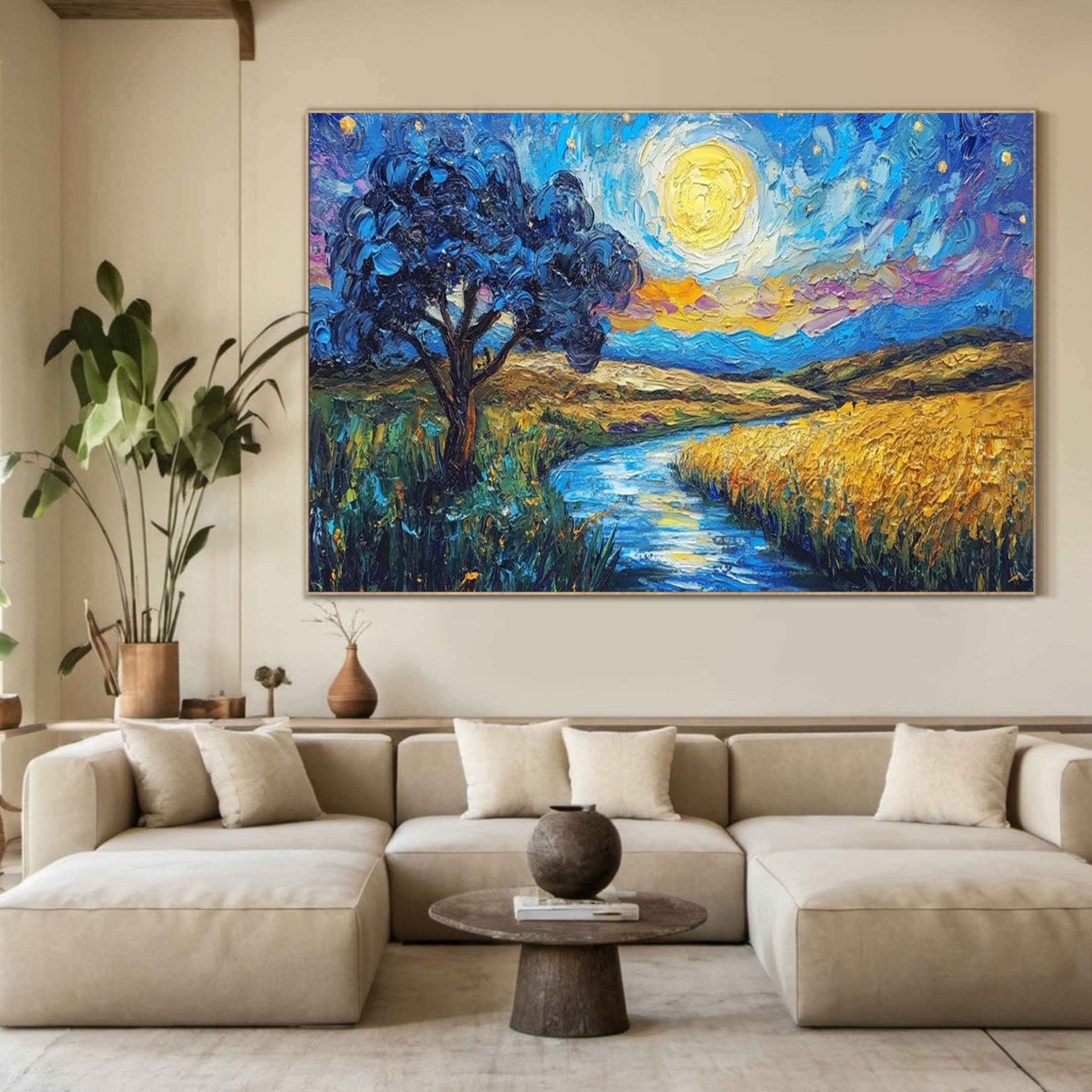 Impasto Moonlit Landscape, Vibrant Colors, Contemporary Art #BGA 101
