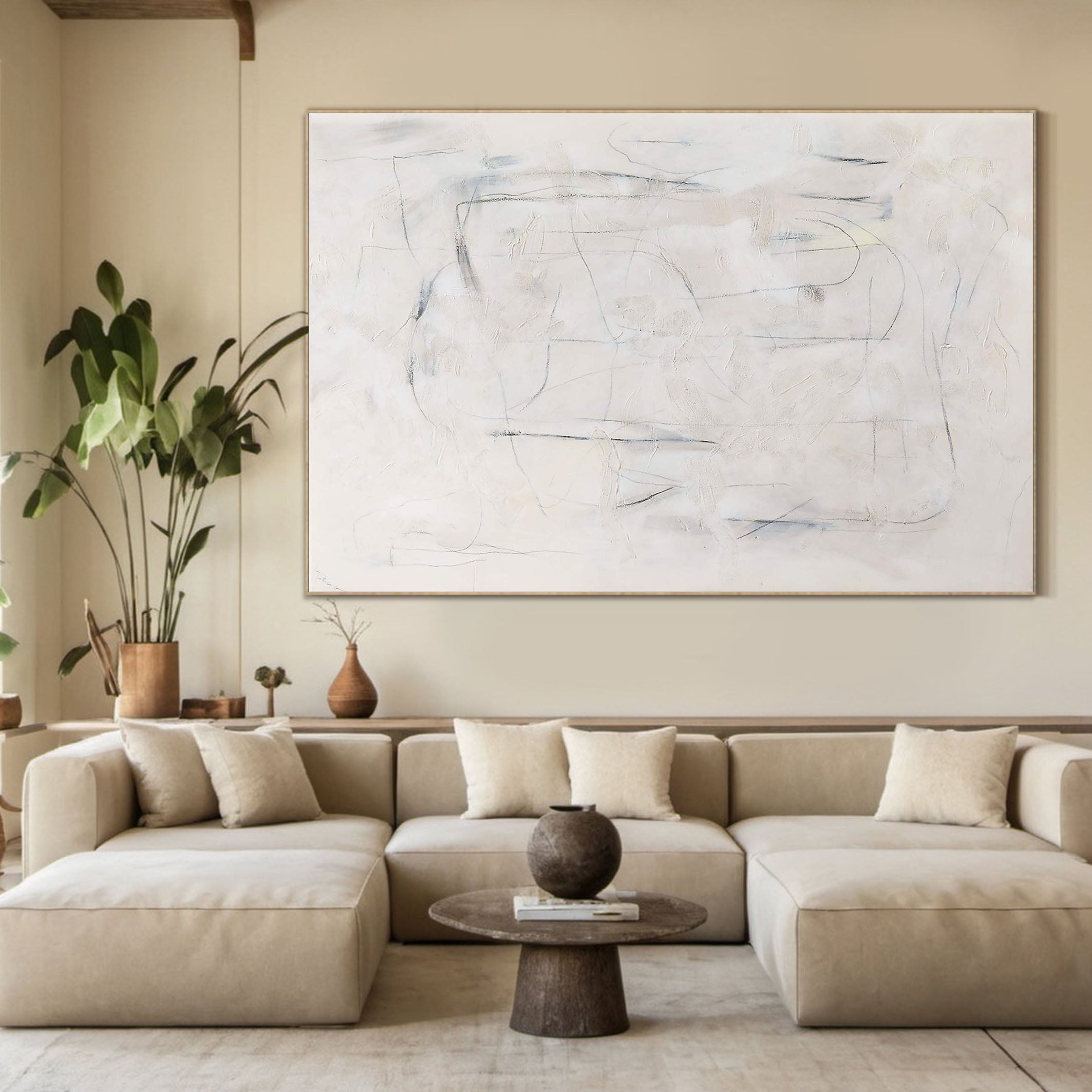 Delicate Line Abstraction on Beige, Minimalist Wall Art #BGA 118