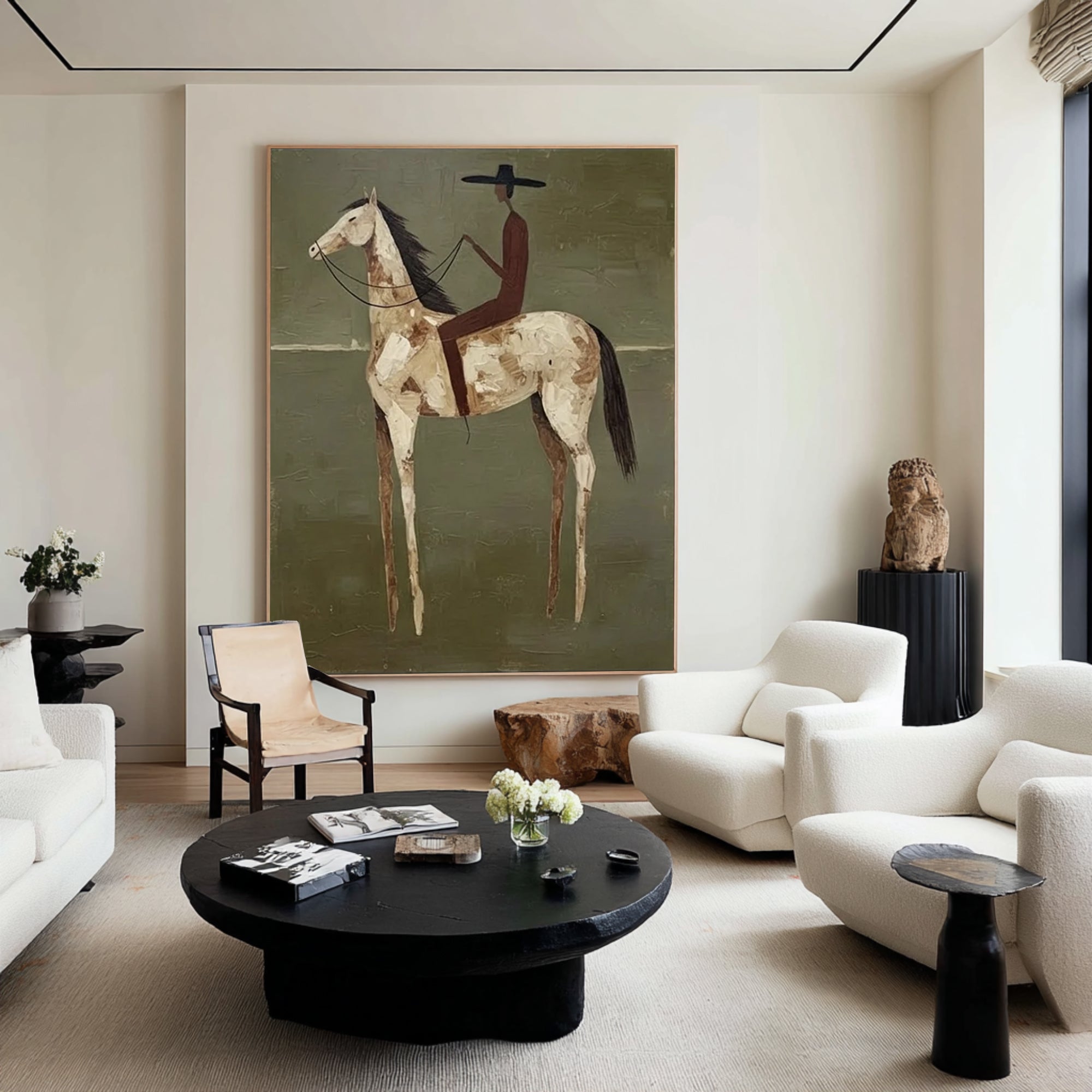 Large Minimalist Horse Rider Painting Contemporary Olive Green Wall Decor