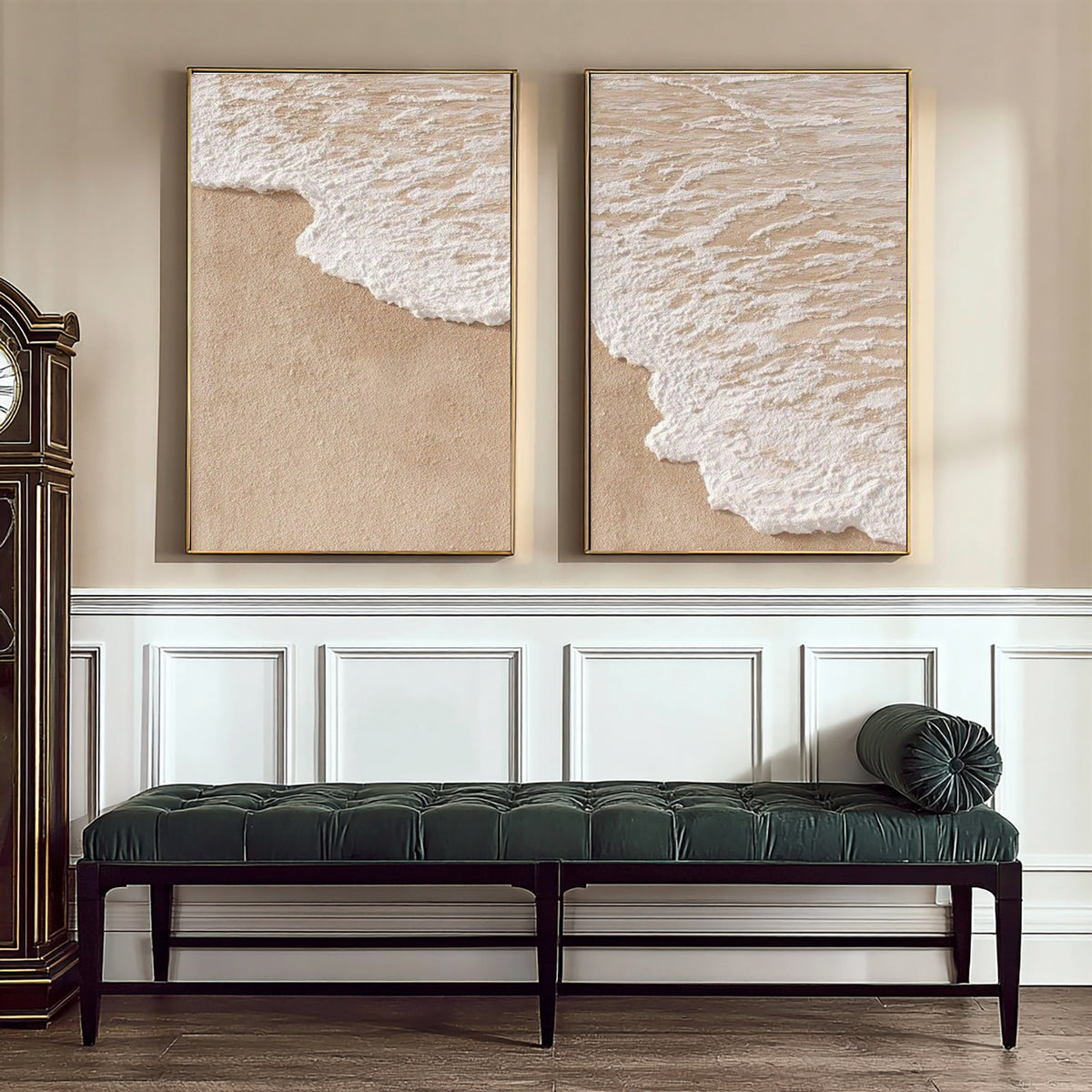 The Edge Of The Tide Large Textured Coastal Diptych White Wave Beach Wall Art Contemporary Artwork