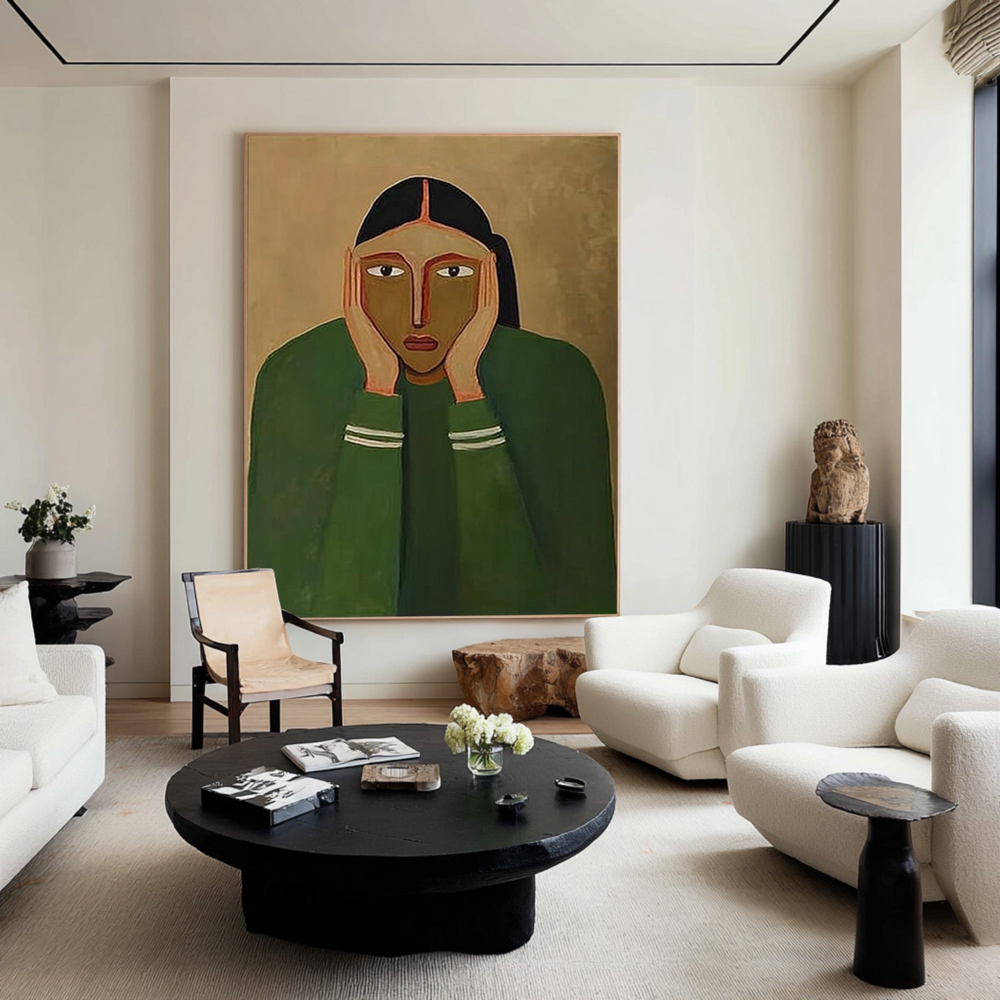 Large Modern Abstract Portrait Oil Painting in Green Tones, Emotional Wall Art for Living Room #WAC 030