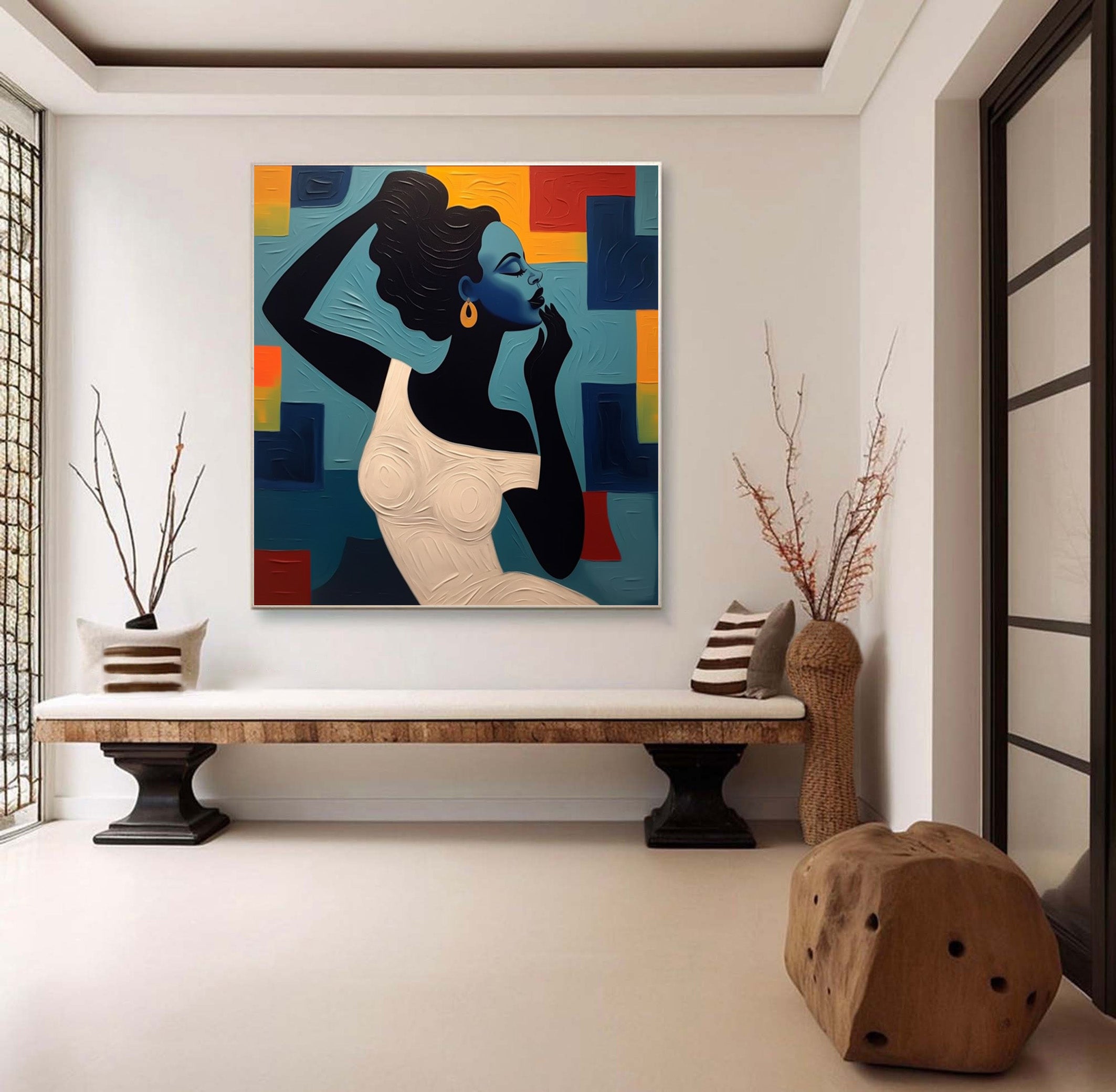 Stylized Figure Against Textured Color Shapes, Elegant Portrait #BGA 251