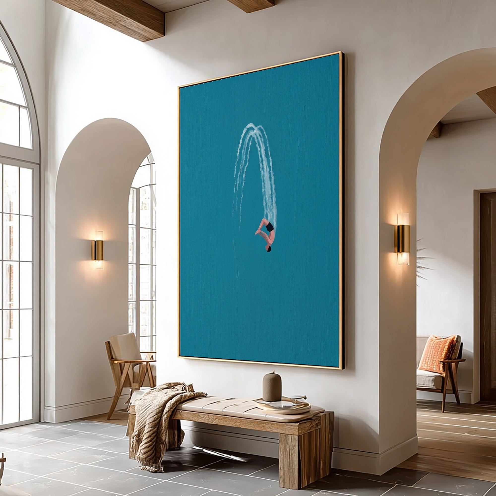 Large Swimming Wall Art Modern Diver Oil Painting Minimalist Coastal Artwork