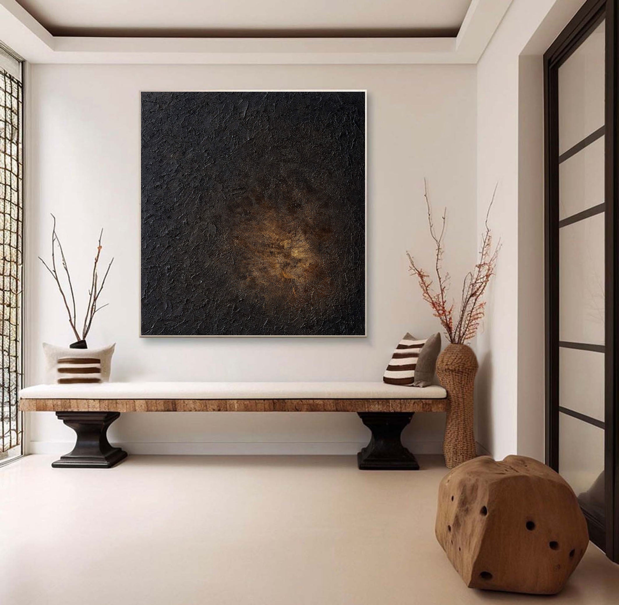 Black Impasto Canvas with Warm Glow, Square Abstraction #BGA 124
