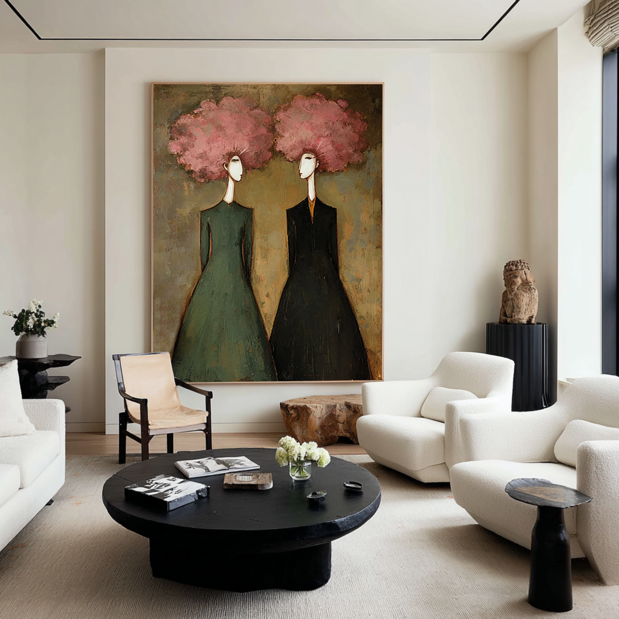 Large Abstract Pink Portrait Oil Painting – Green and Black Modern Wall Art Decor #WAC 044