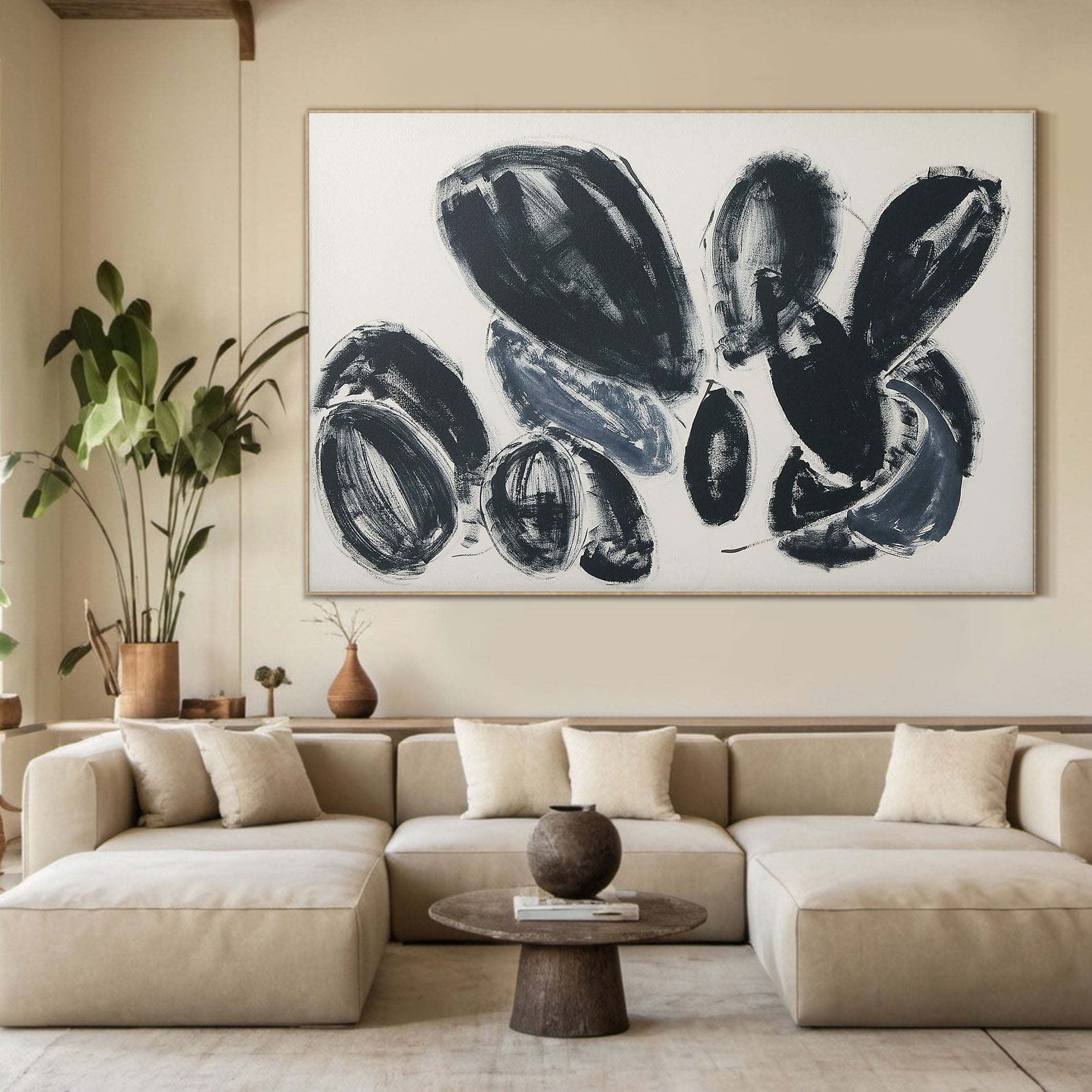 Large Black and Gray Rounded Shapes Abstract, Minimalist Art #BGA 110