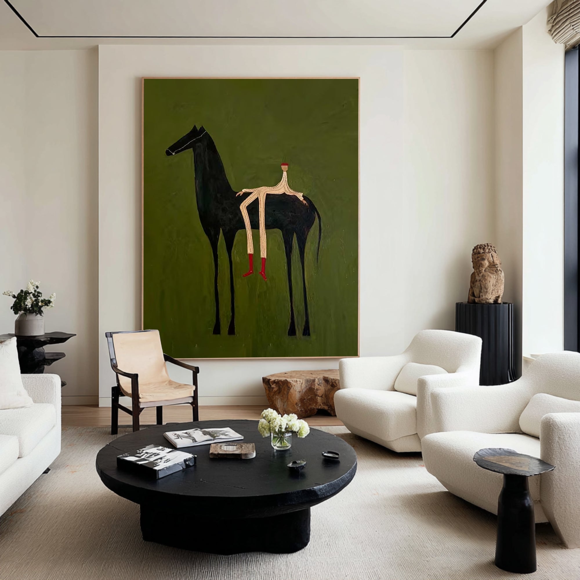 Large Abstract Horse Painting Green Minimalist Figurative Wall Art