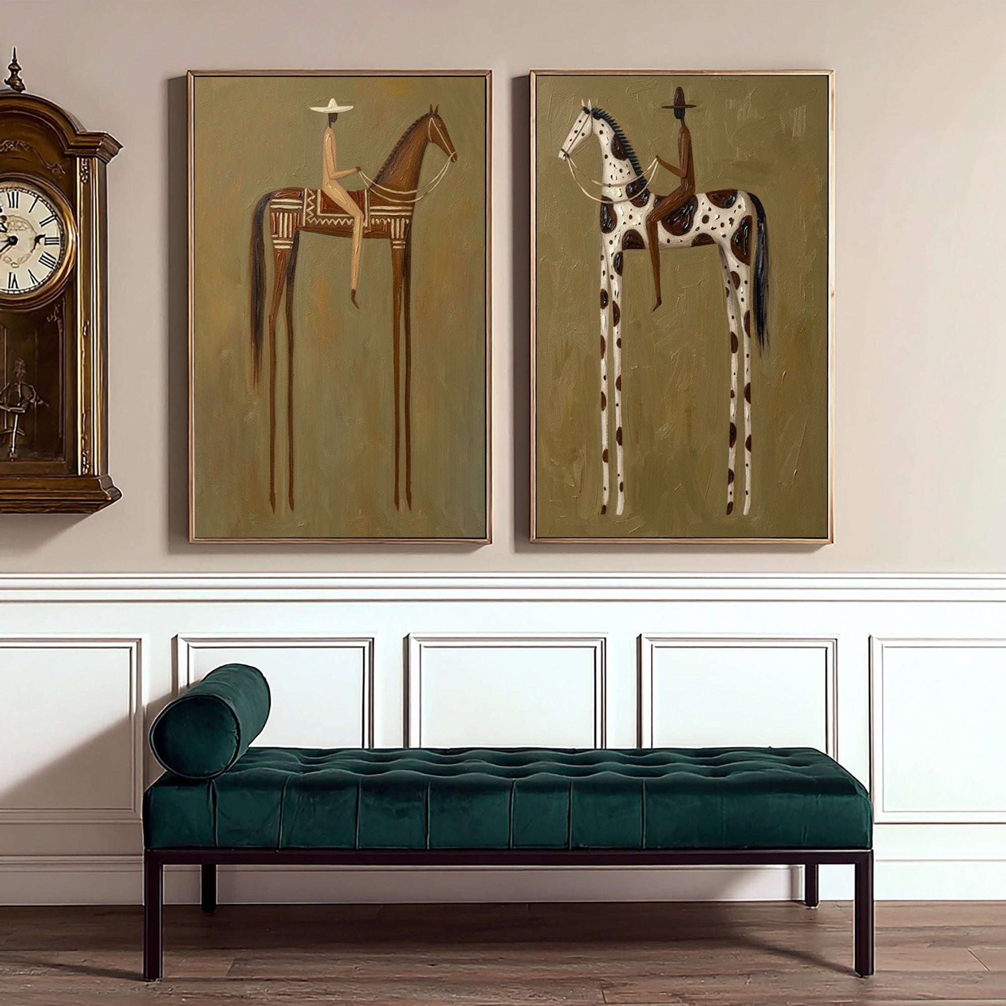 Large Contemporary Cowboy Horse Wall Art Minimalist Western Canvas Diptych
