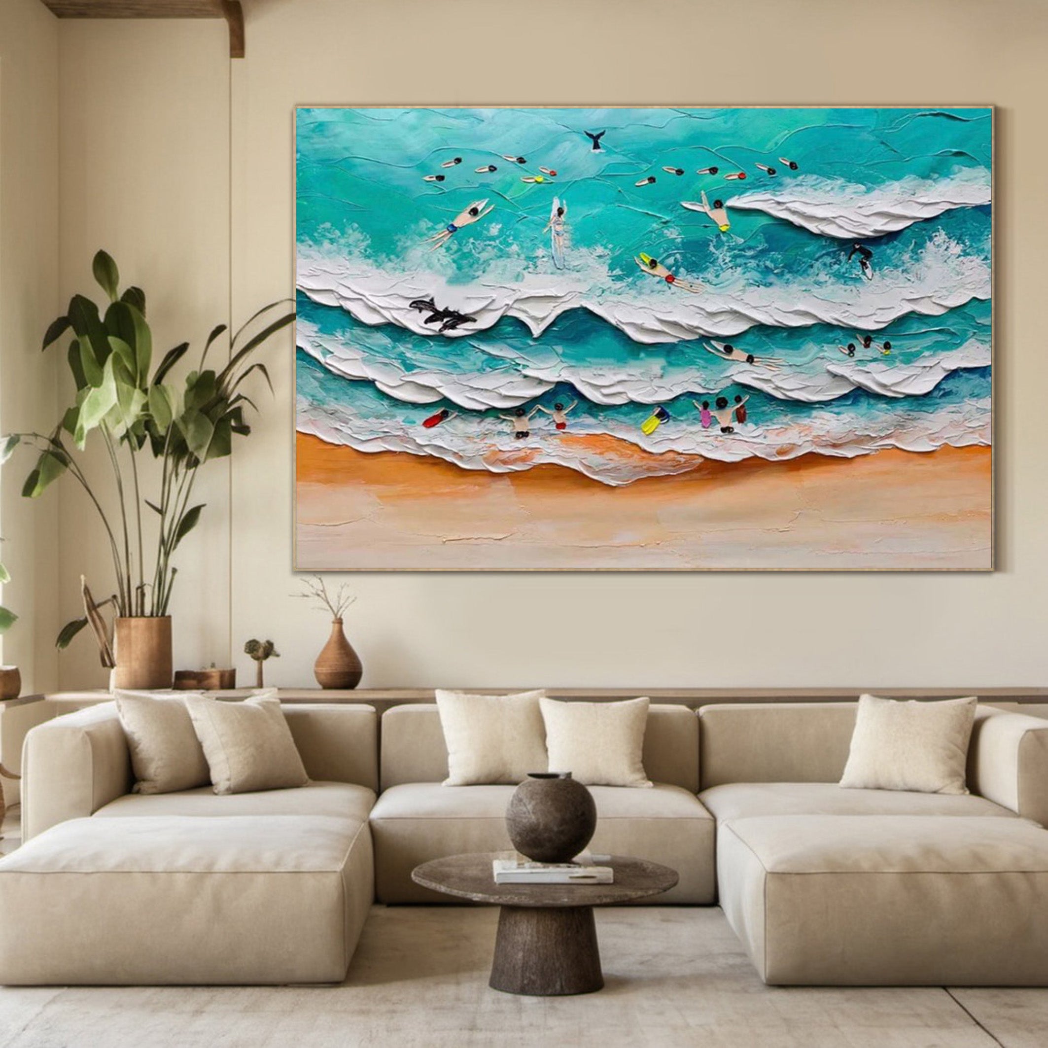 Colorful Beach with Surfers, Tactile Ocean Wall Art #BGA 235