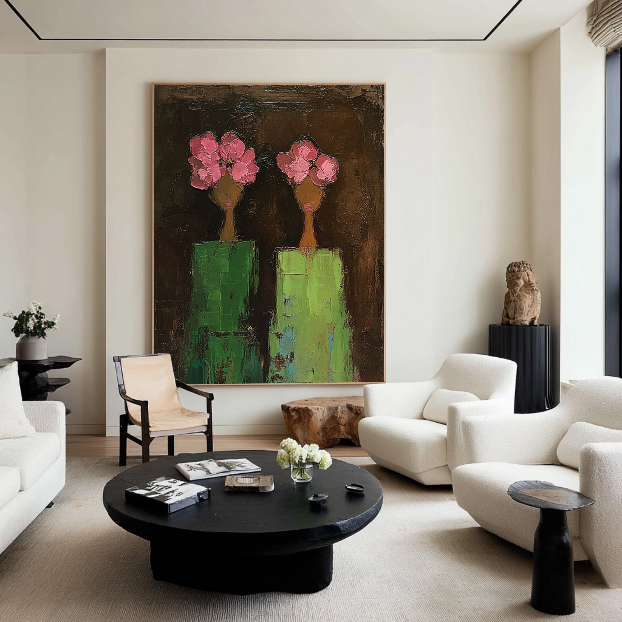 Large Modern Figurative Oil Painting on Canvas – Pink Floral Portrait Statement Wall Art #WAC 039