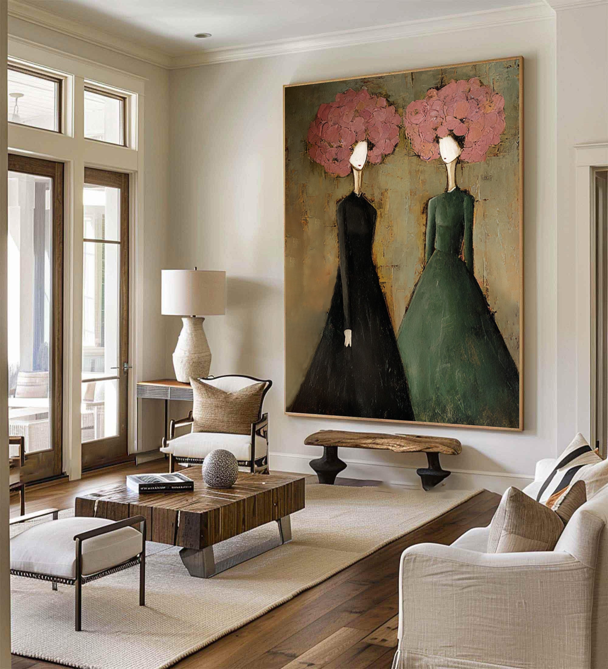 Large Modern Portrait Oil Painting on Canvas – Green Figurative Statement Wall Art #WAC 037