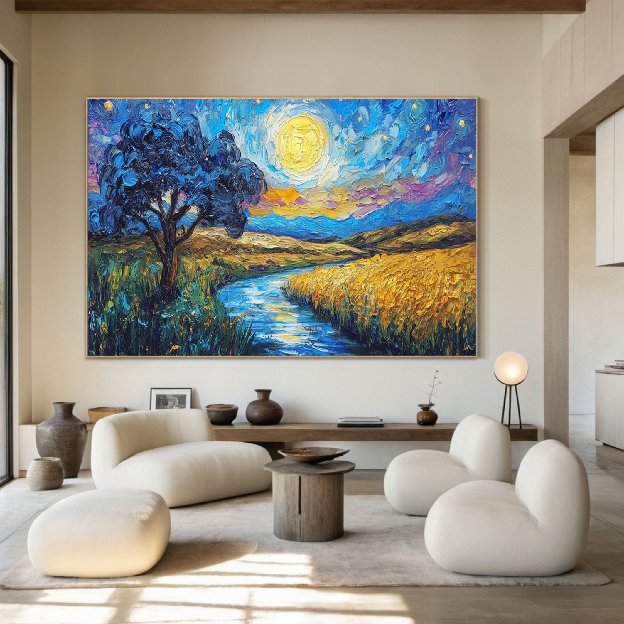 Impasto Moonlit Landscape, Vibrant Colors, Contemporary Art #BGA 101