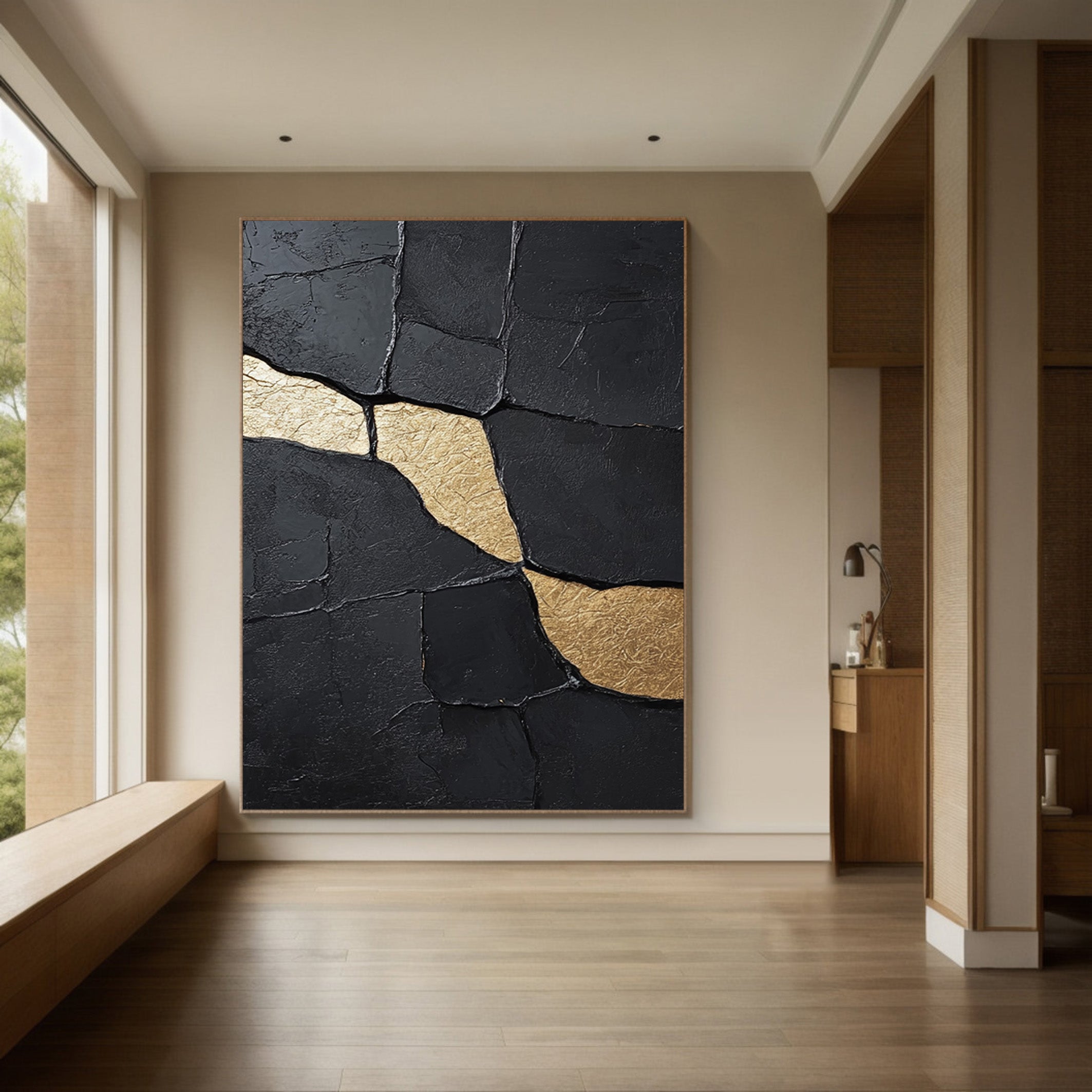 Contemporary Black Impasto Art with Striking Organic Gold #BGA 269