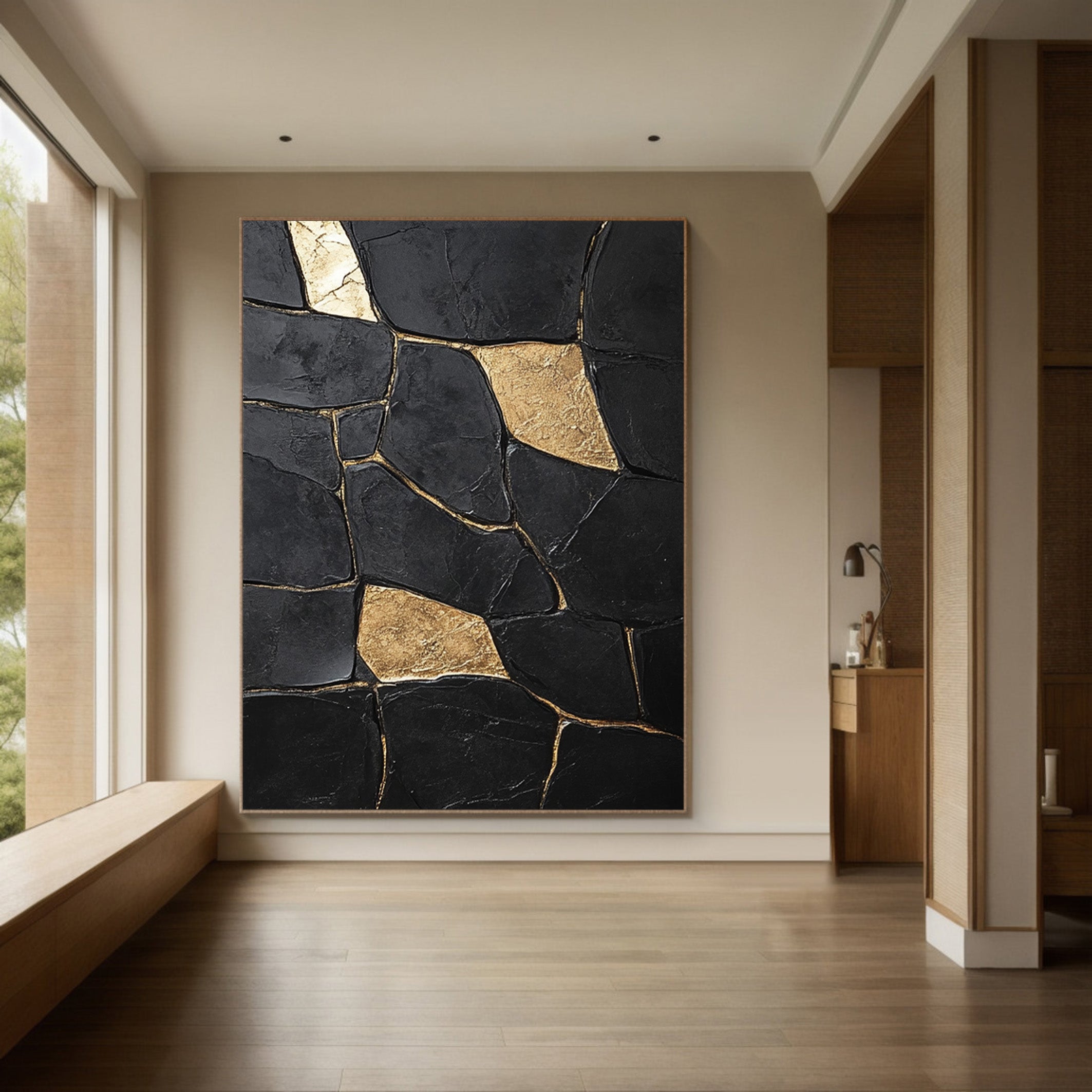 Large Textured Black Abstract with Geometric Gold Inlays #BGA 270