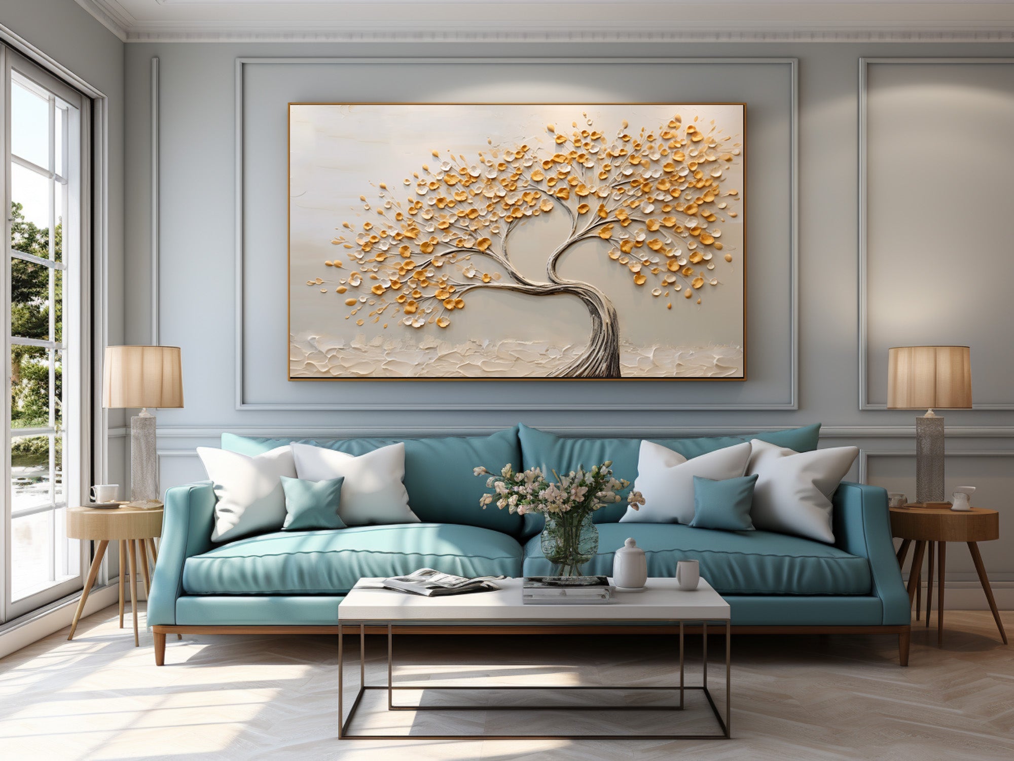 Serene Landscape Painting Abstract Golden Tree Canvas #WG 090