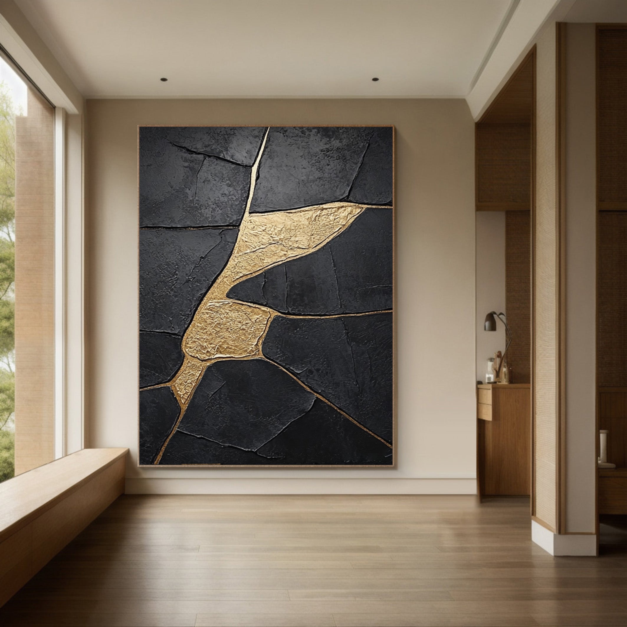 Large Black Abstract with Gold Repair Lines for Modern Home #BGA 272