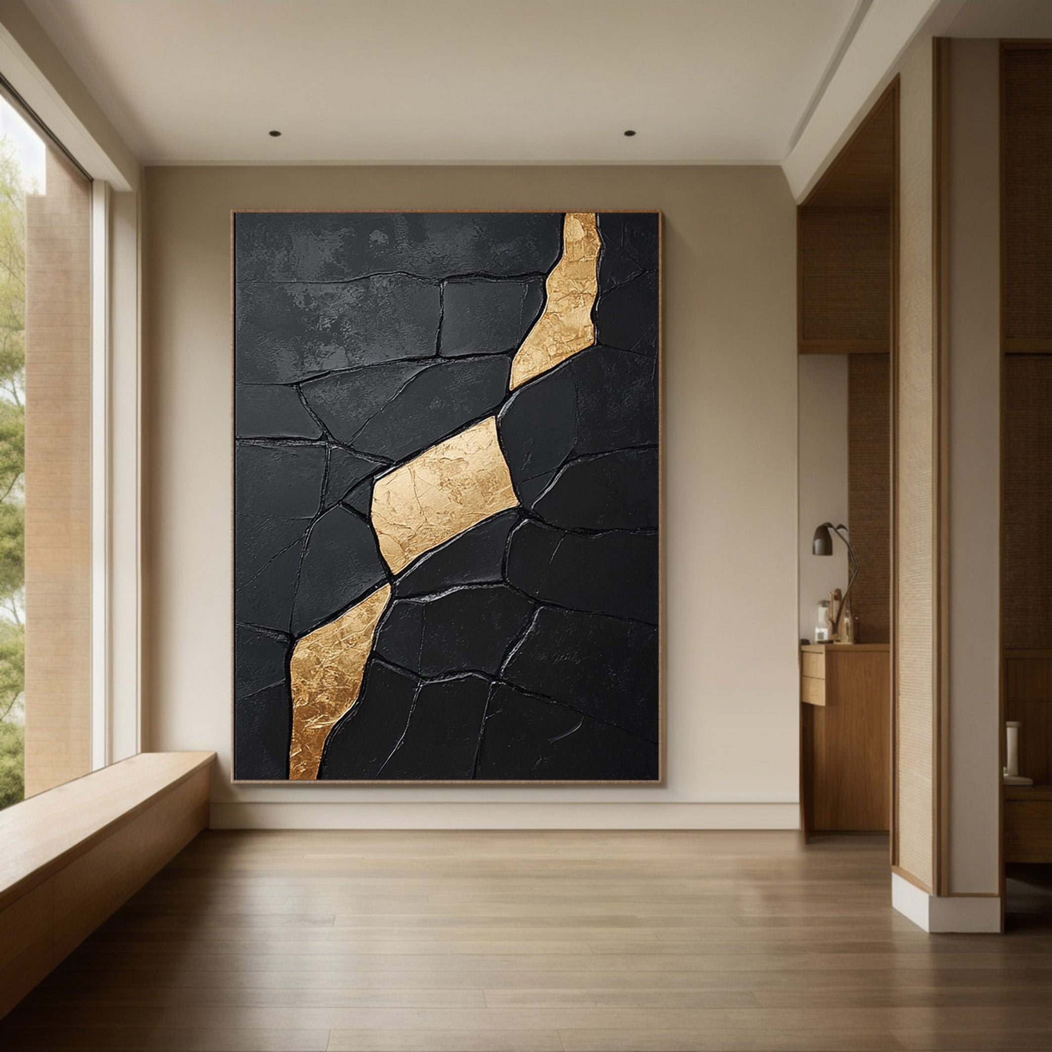Contemporary Black Impasto with Diagonal Flowing Organic Gold #BGA 274