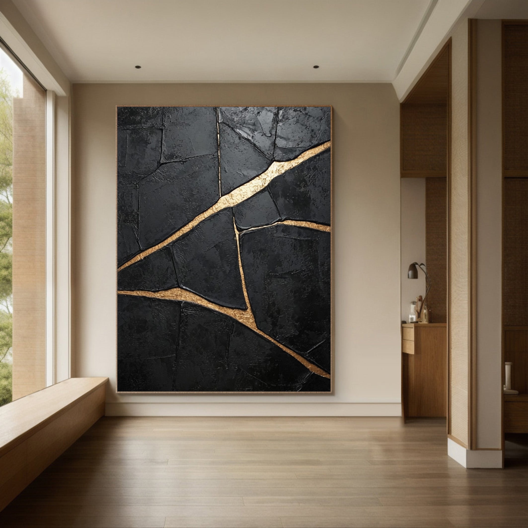 Deeply Textured Black with Bold Gold Trails, Modern Abstract #BGA 265