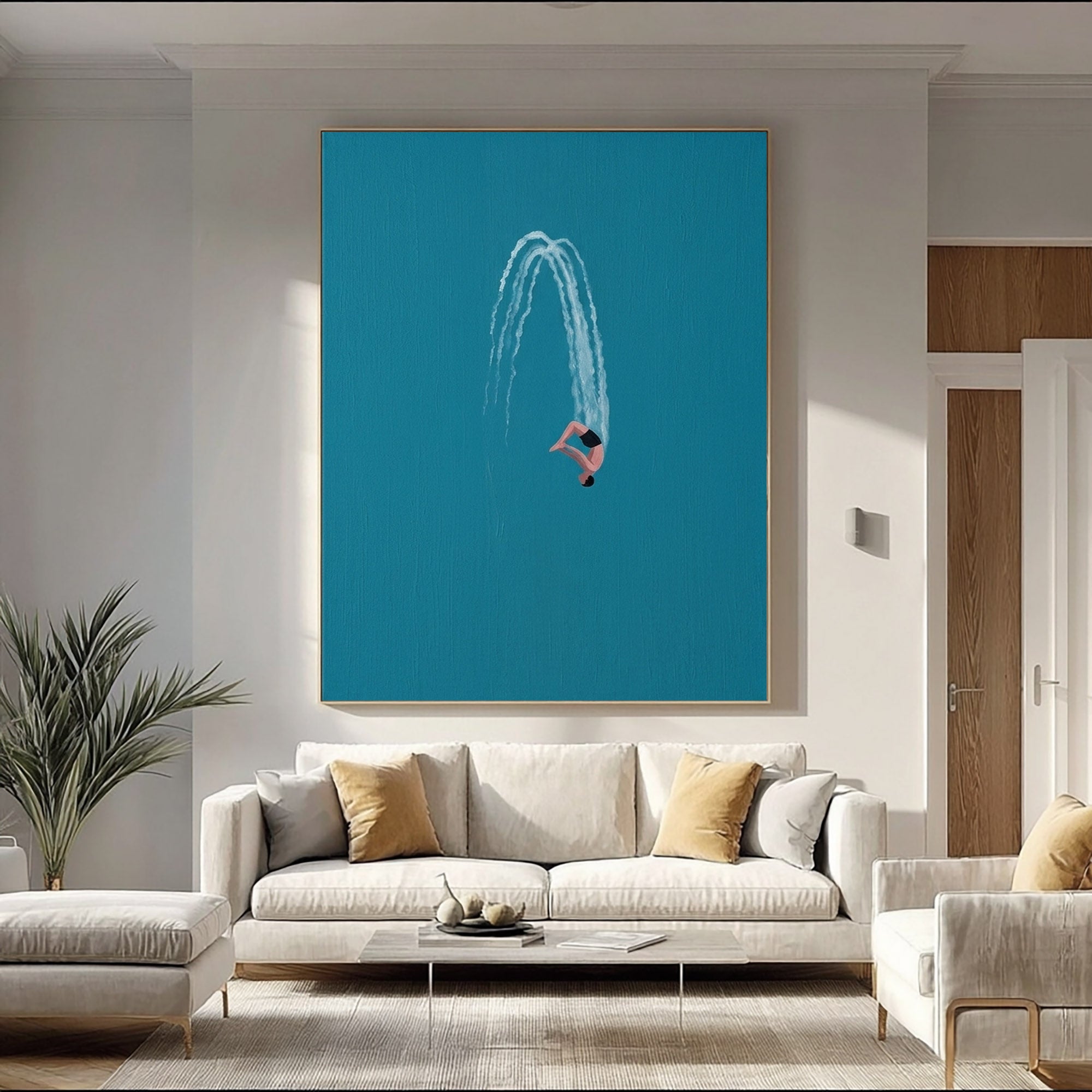 Large Swimming Wall Art Modern Diver Oil Painting Minimalist Coastal Artwork