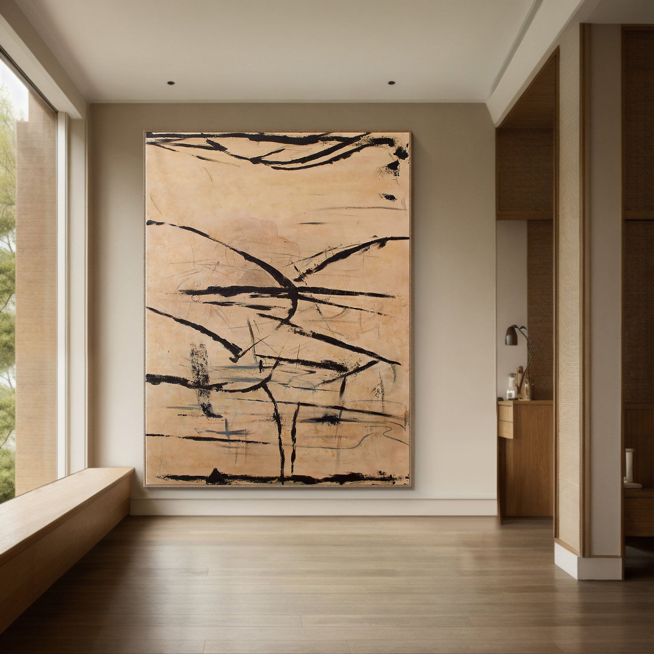 Beige and Black Abstract Line Canvas, Modern Minimalist Style #BGA 088