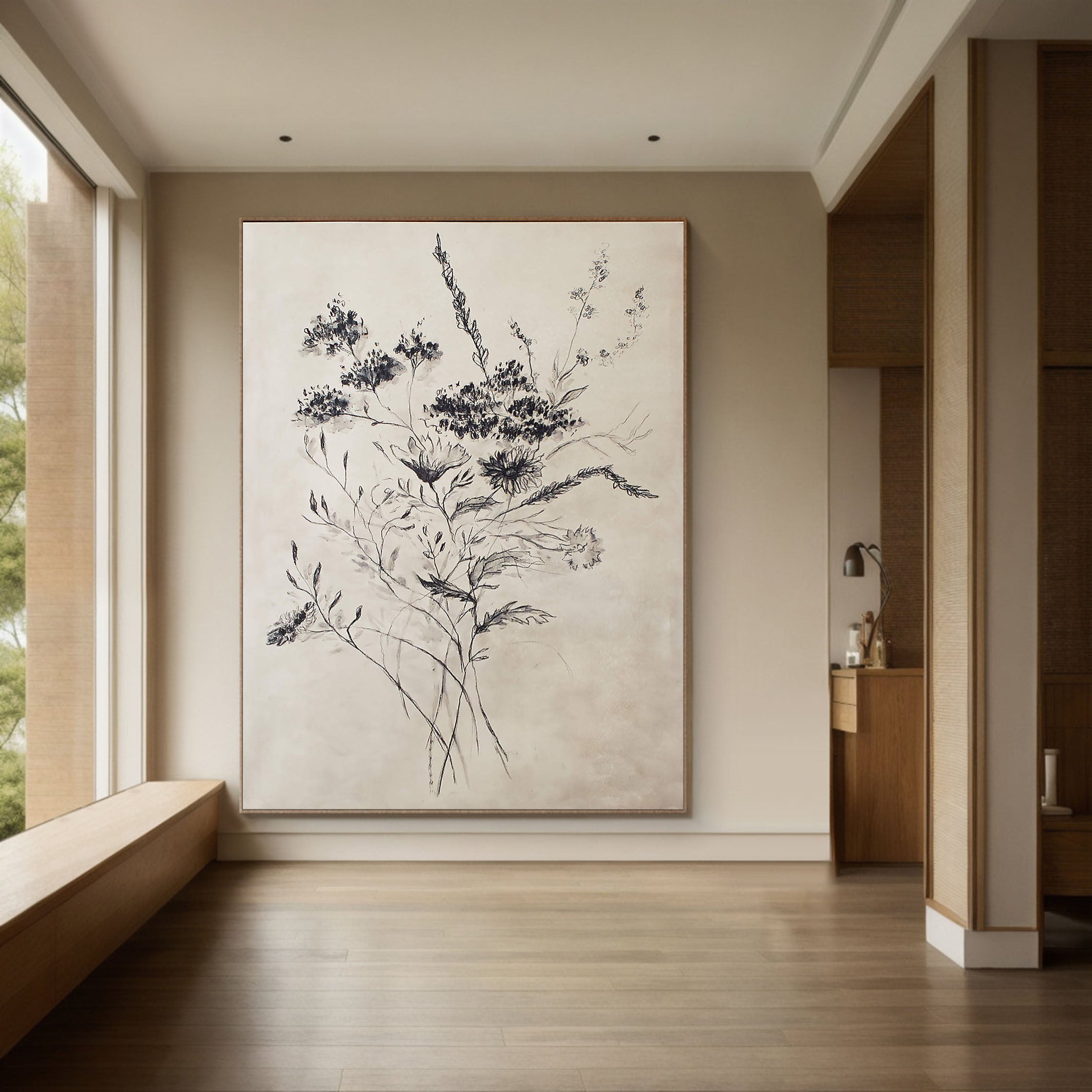 Beige Flower Drawing With Black Line, Contemporary Wall Art #BGA 095