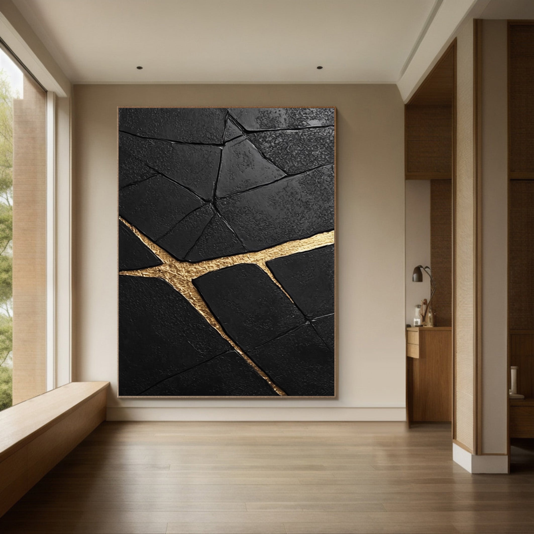 Contemporary Black Impasto Painting with Striking Gold Inlays #BGA 264