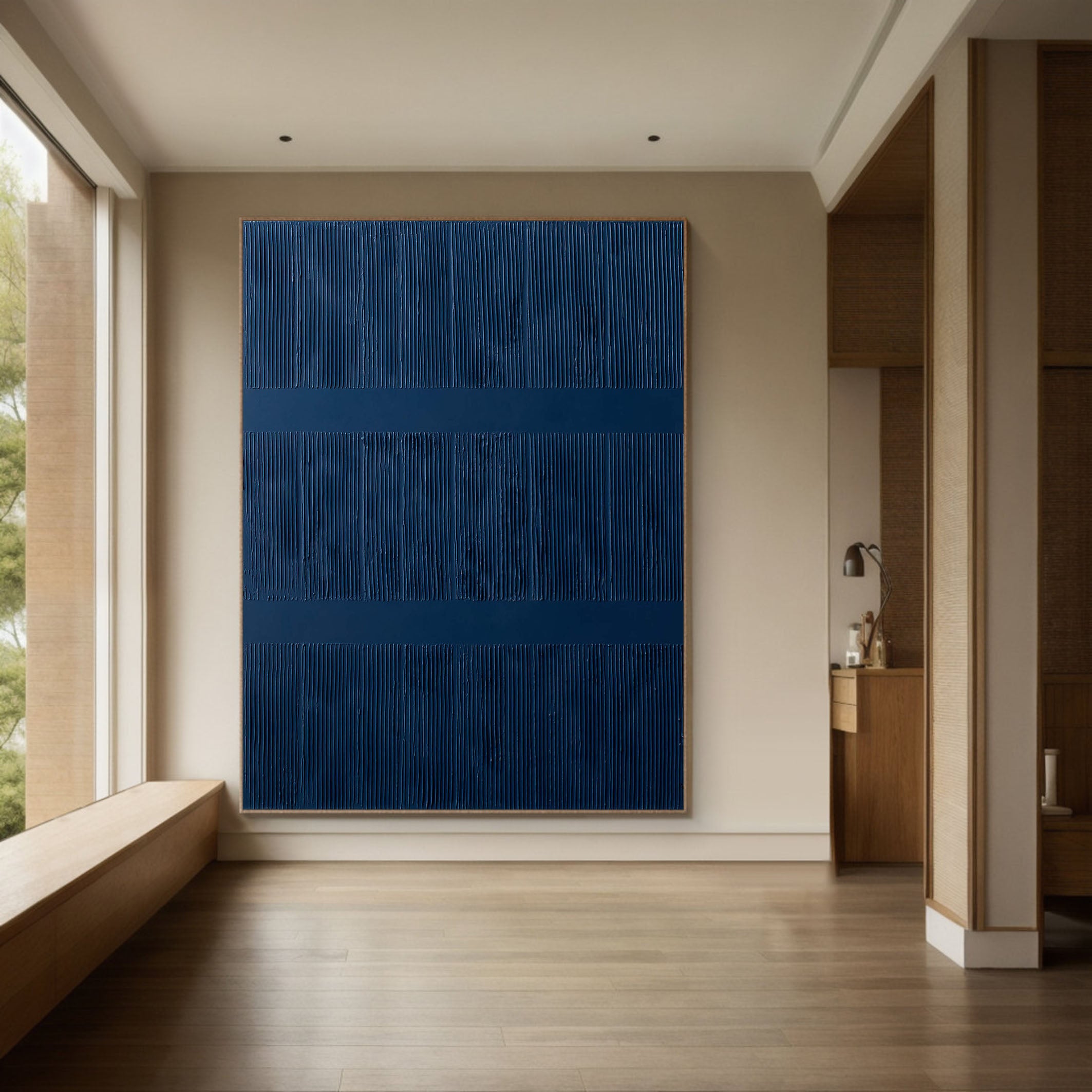Deep Blue Abstract Minimalist Wall Art With 3D Vertical Lines #BGA 087