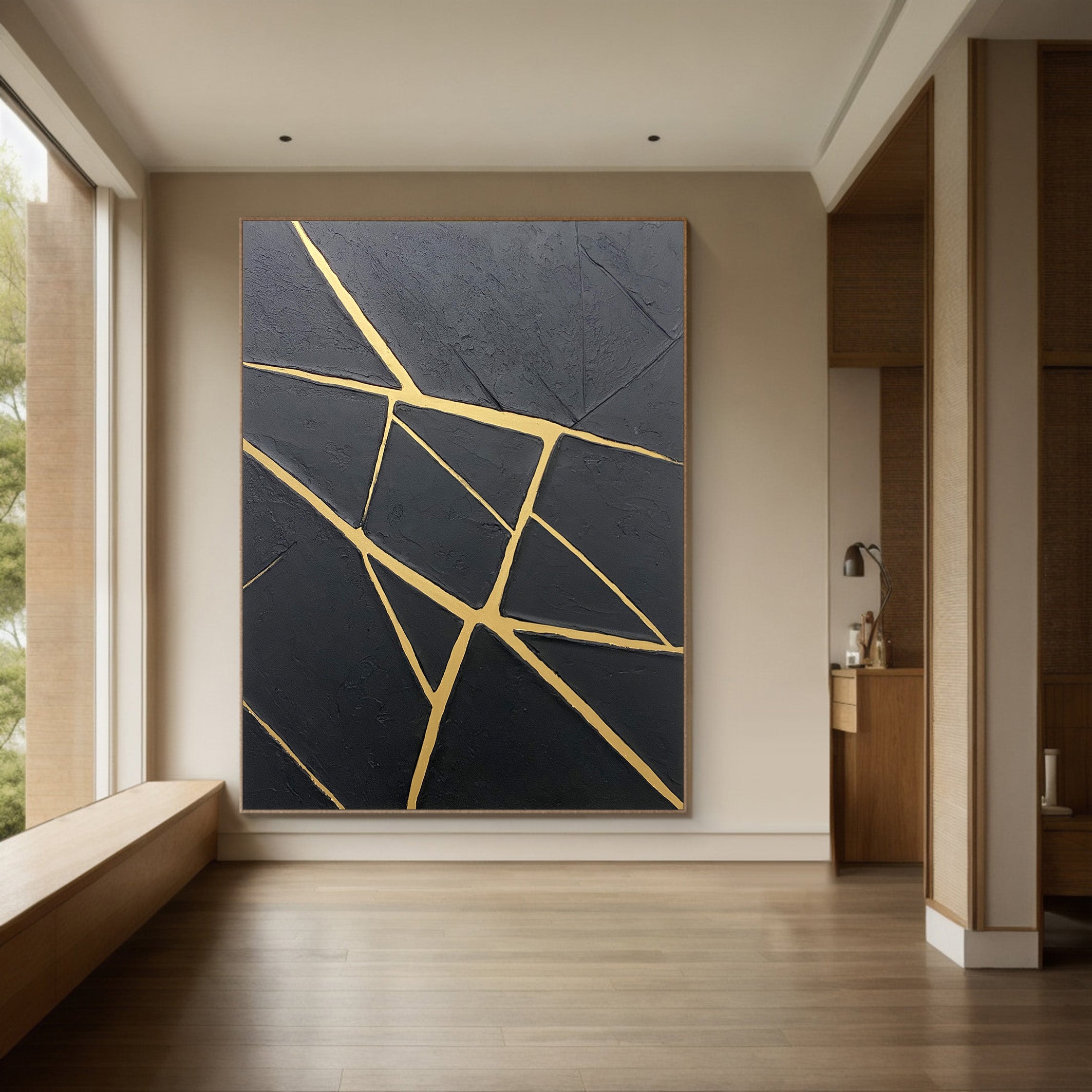 Contemporary Black Impasto with Luminous Linear Gold Markings #BGA 277