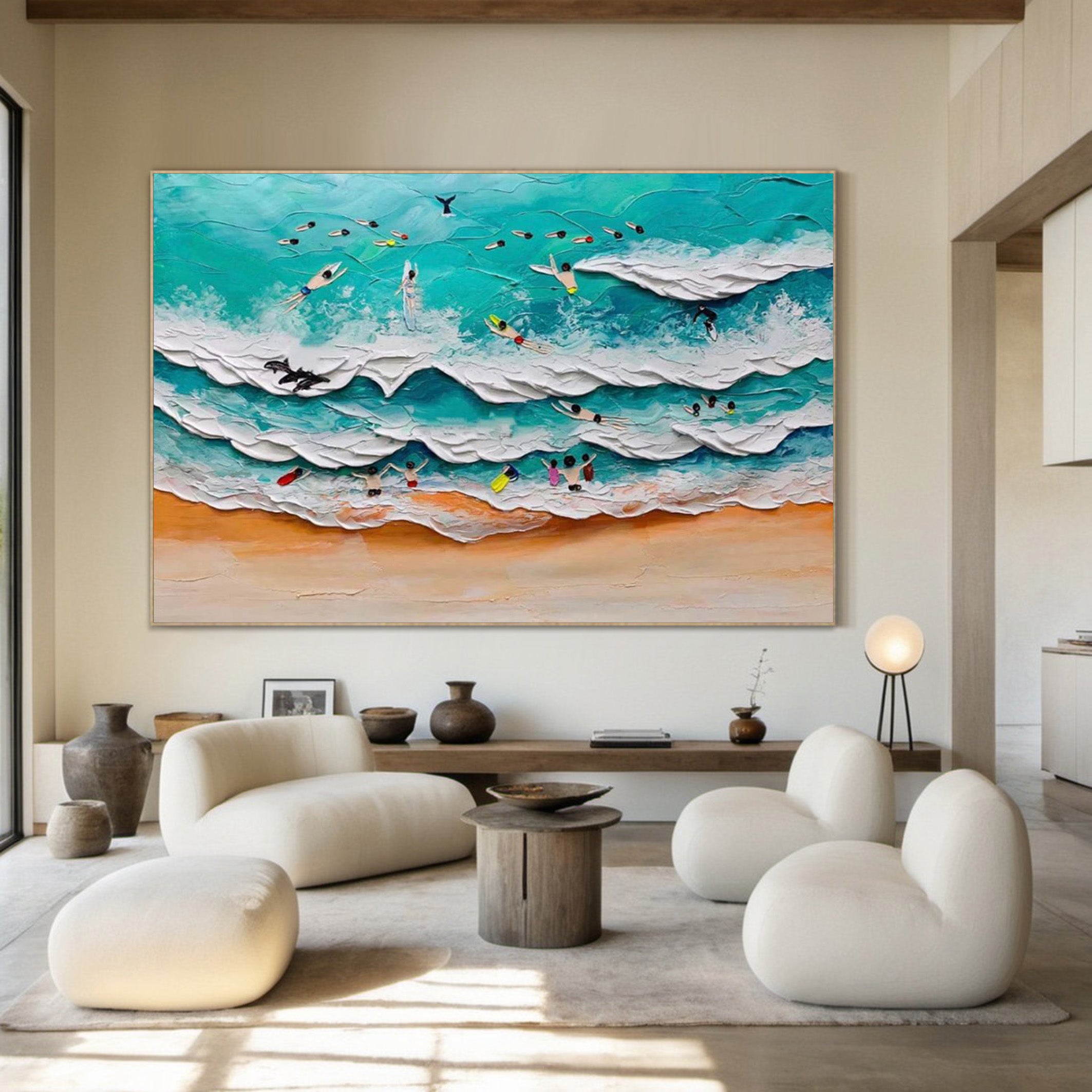 Colorful Beach with Surfers, Tactile Ocean Wall Art #BGA 235