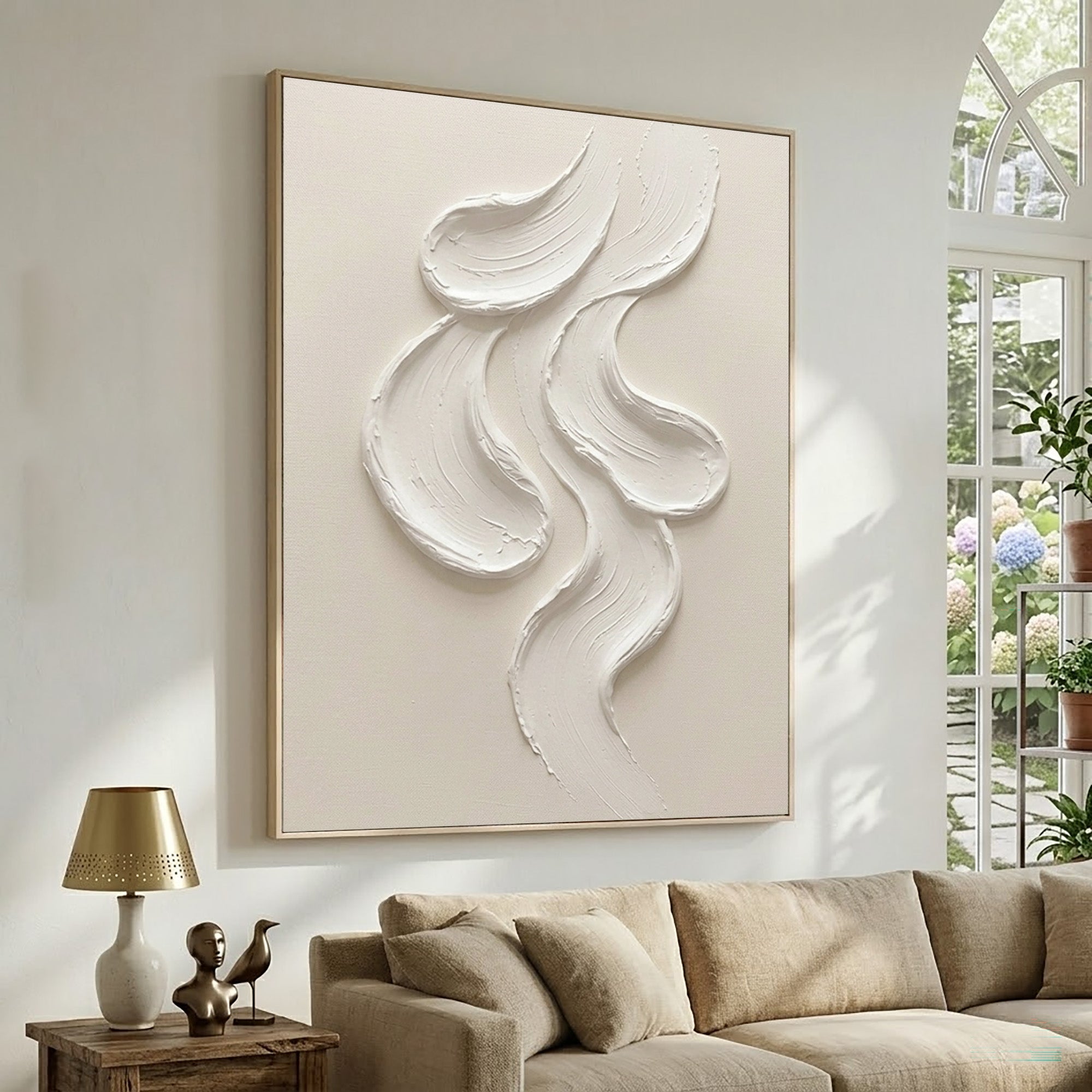 Large Abstract White Wall Art Textured Oil Painting Minimalist Sculptural Artwork Modern Neutral Contemporary Interior Decor