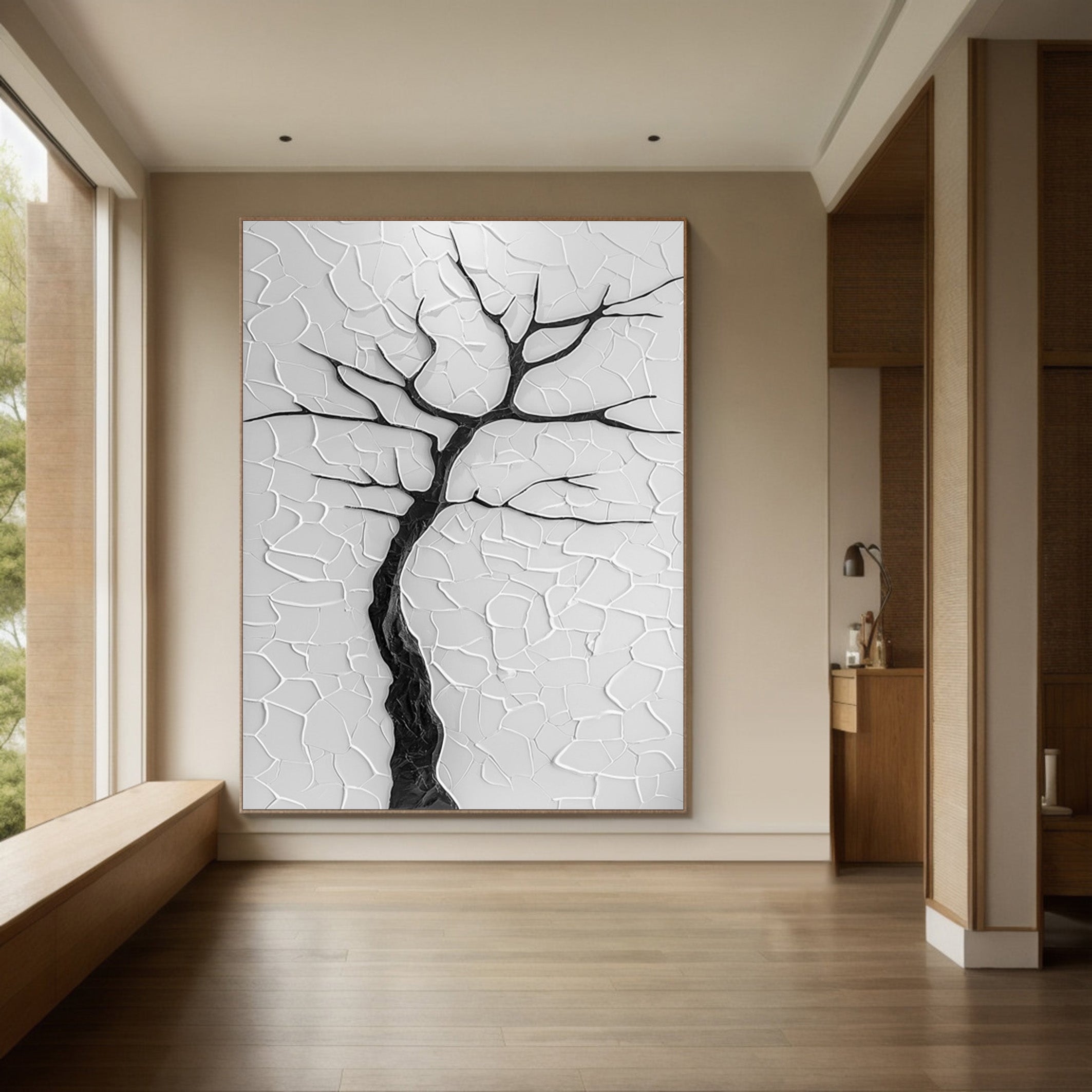 Contemporary Black Tree Silhouette on Textured Neutral Canvas #BGA 285