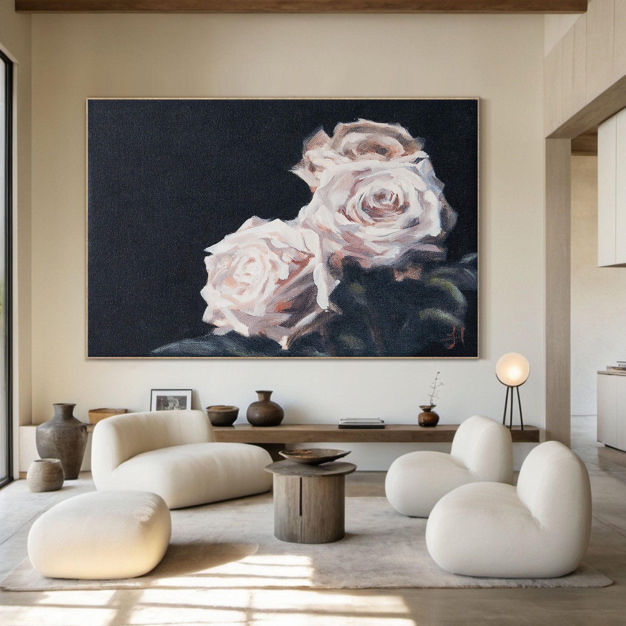 Delicate Rose Blooms In Dark, Contemporary Wall Art #BGA 120