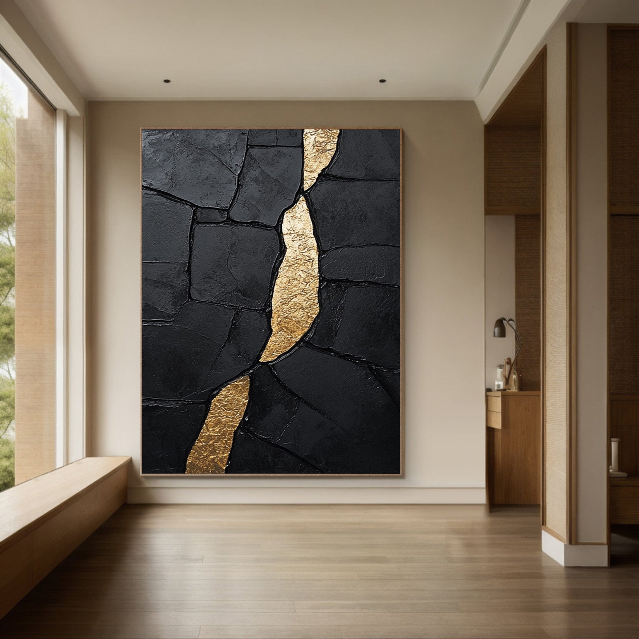 Large Heavily Textured Black and Gold Abstract for Luxe Decor #BGA 273