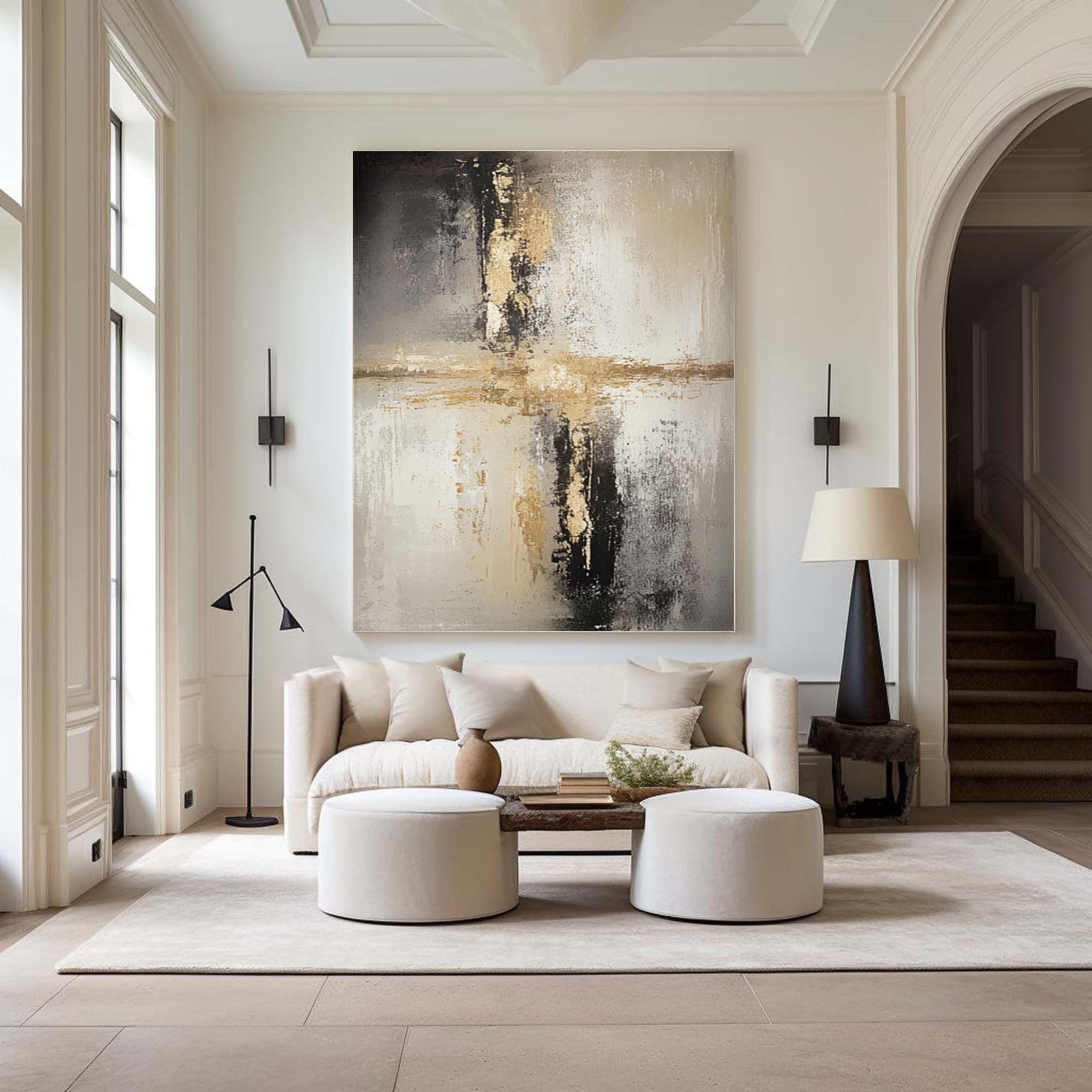 Abstract Canvas with Neutral Tones and Glimmering Center #BGA 292