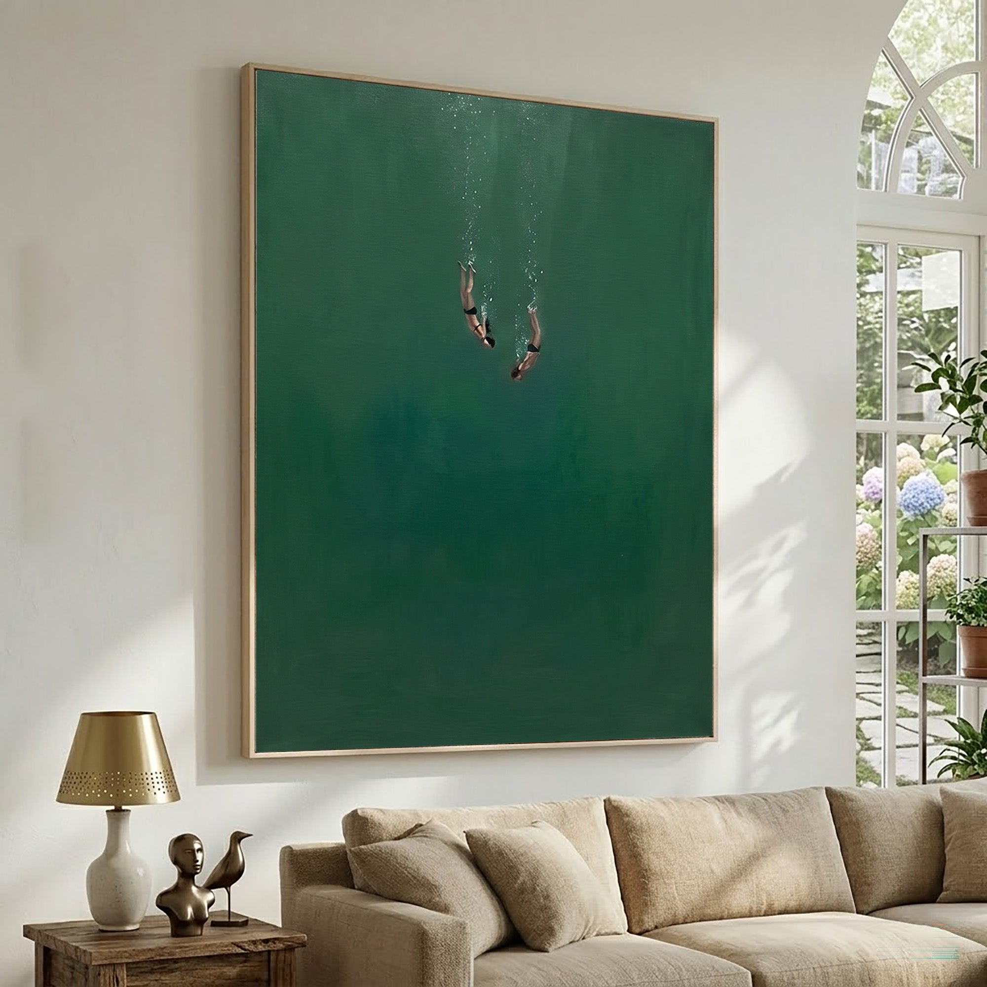 Large Minimalist Underwater Diver Wall Art Contemporary Ocean Painting