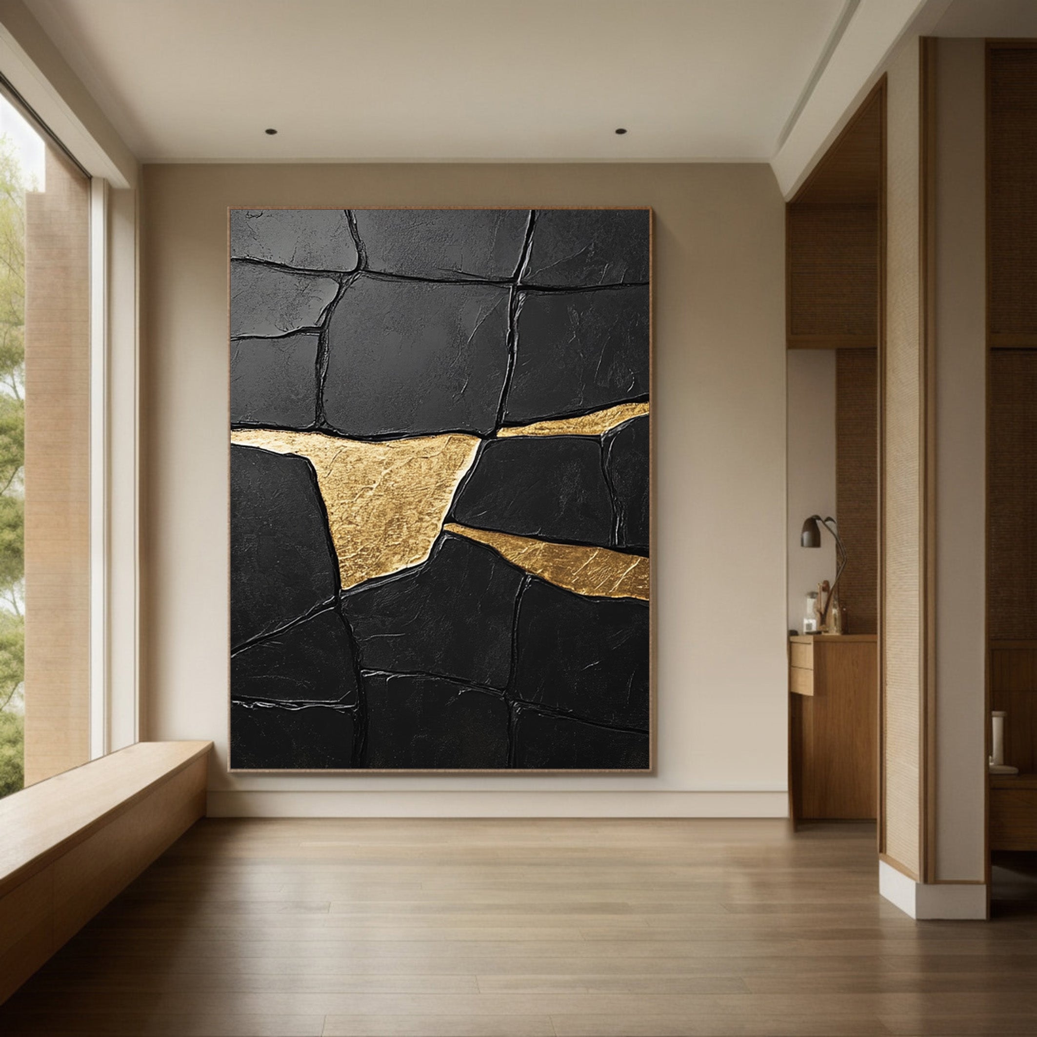 Black Impasto Art with Bold Golden Fractures, Textured Abstract #BGA 267