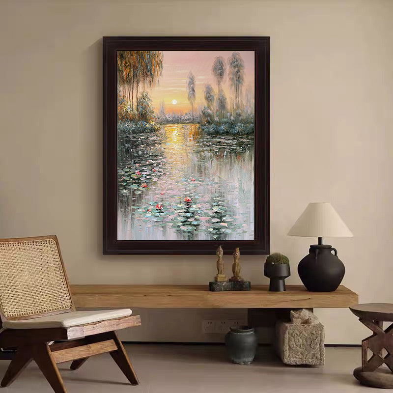 Sunset Bloom: Impressionistic Lily Pond, Vibrant Landscape Art #BGA 181