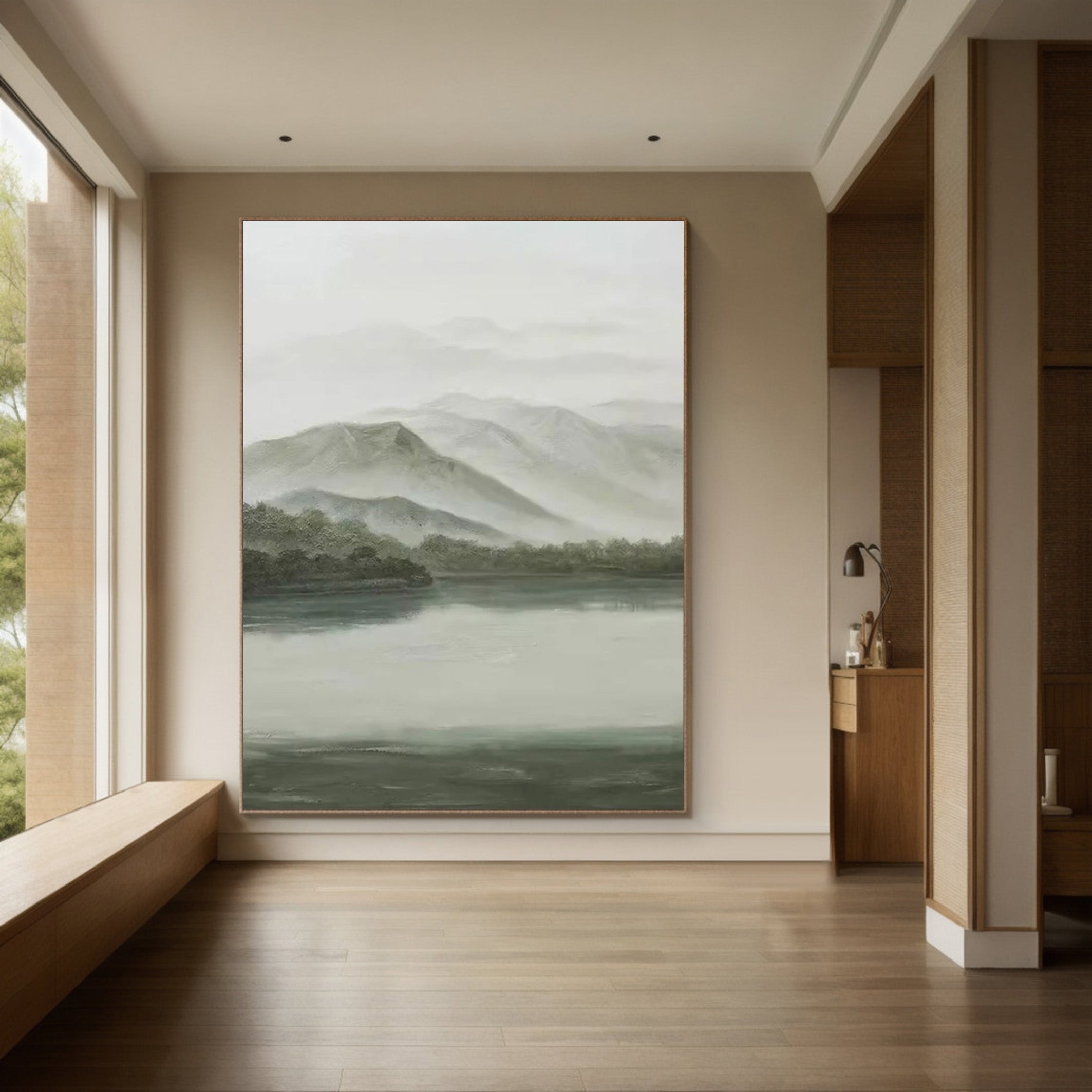 Soft Gray & Green Landscape, Peaceful Mountain Lake Scene #BGA 255