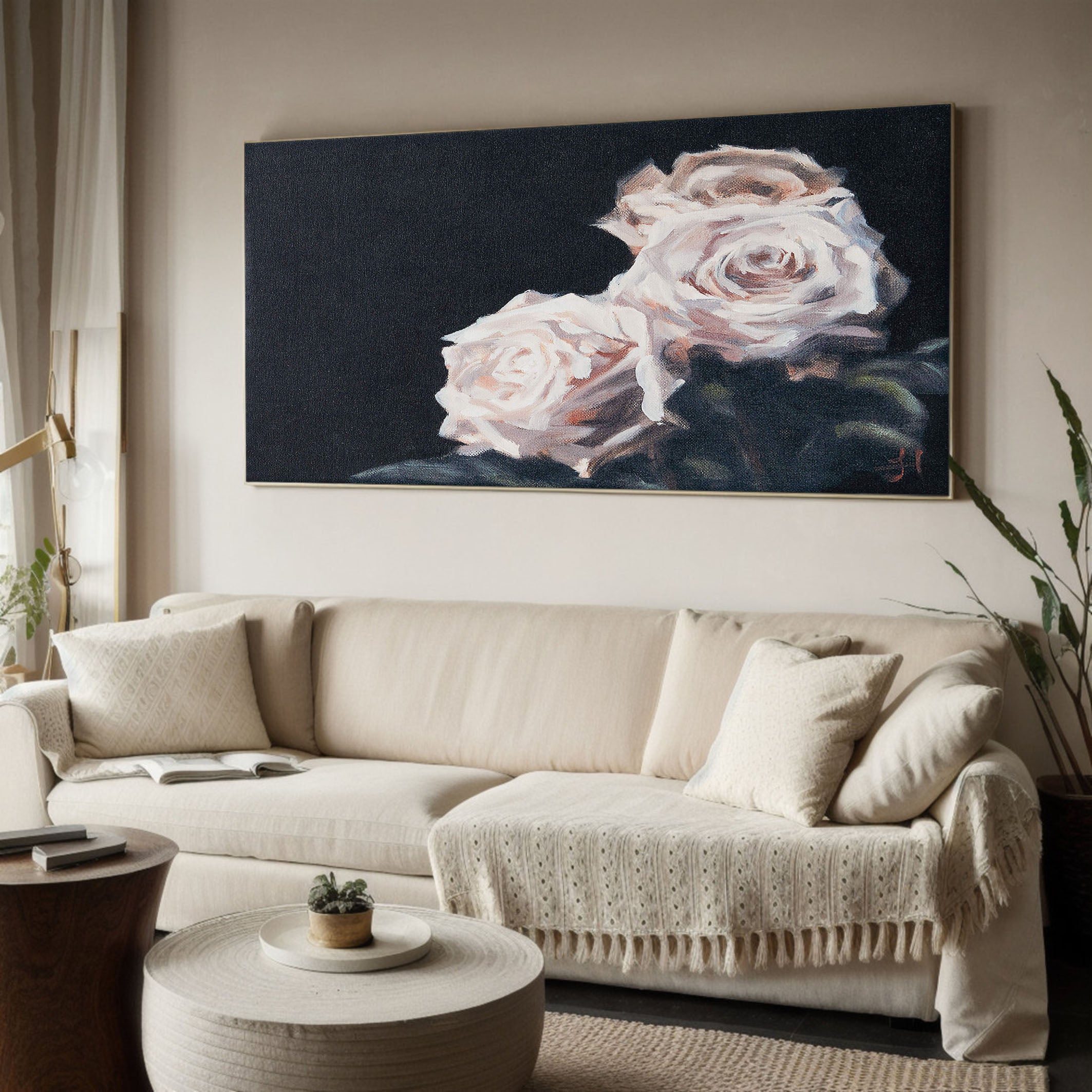 Delicate Rose Blooms In Dark, Contemporary Wall Art #BGA 120