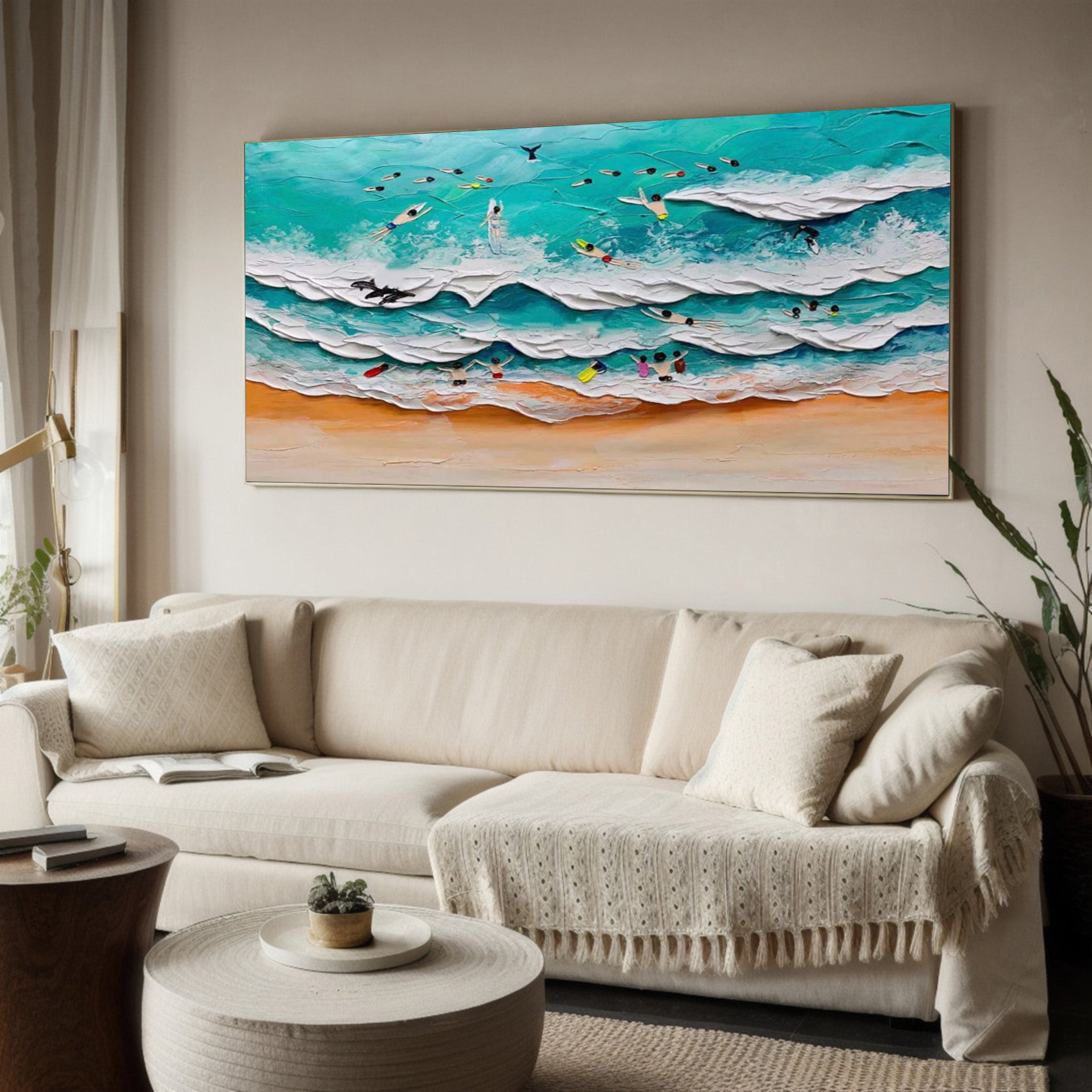 Colorful Beach with Surfers, Tactile Ocean Wall Art #BGA 235