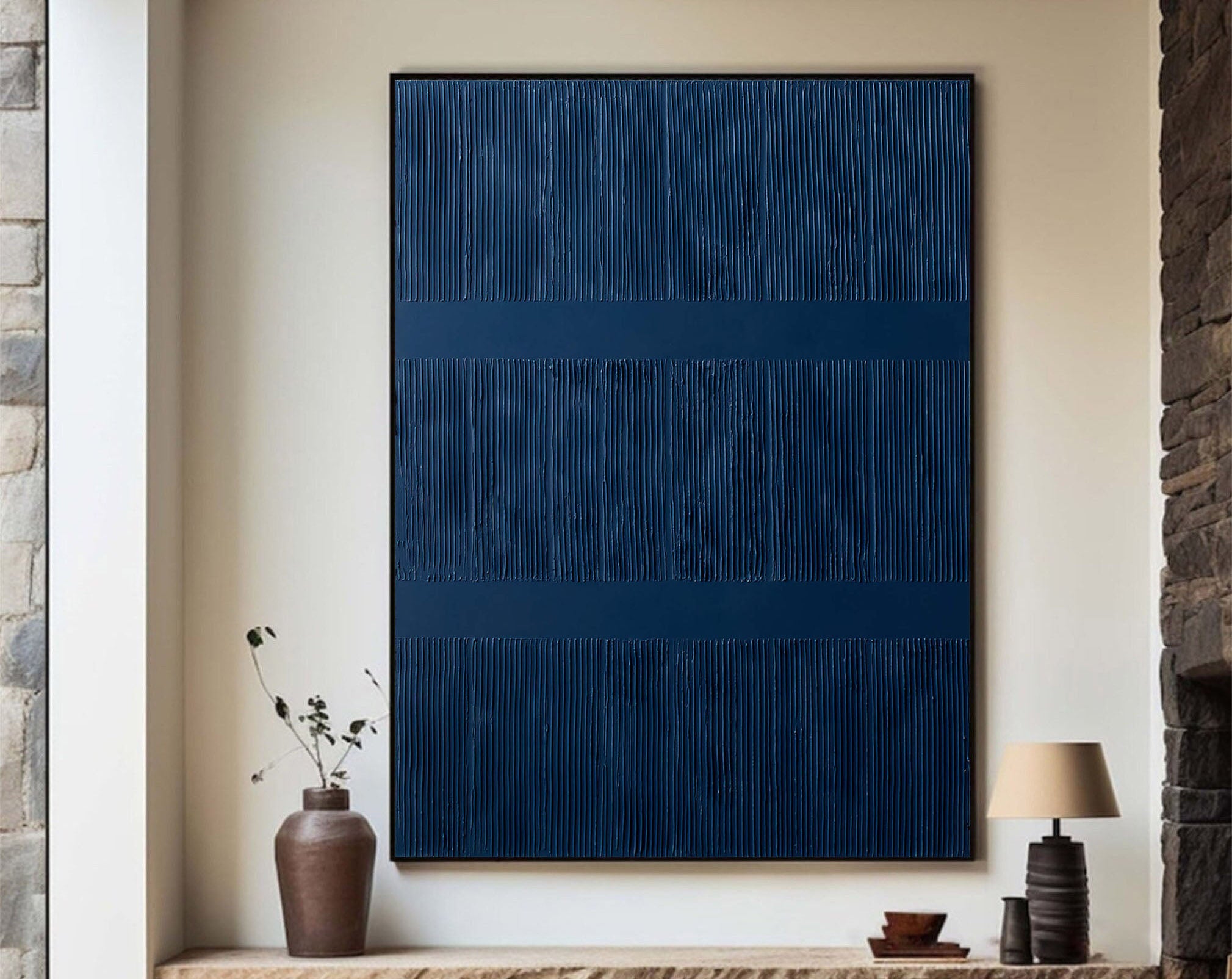Deep Blue Abstract Minimalist Wall Art With 3D Vertical Lines #BGA 087