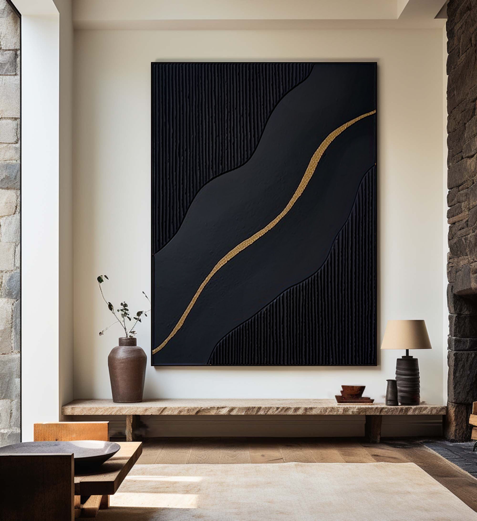 Large Black and Gold Abstract Canvas Art for Home Decor #BM 088